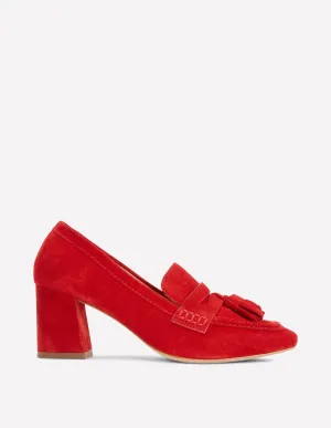 Sol Block Heeled Penny Loafers-Red foot hugging