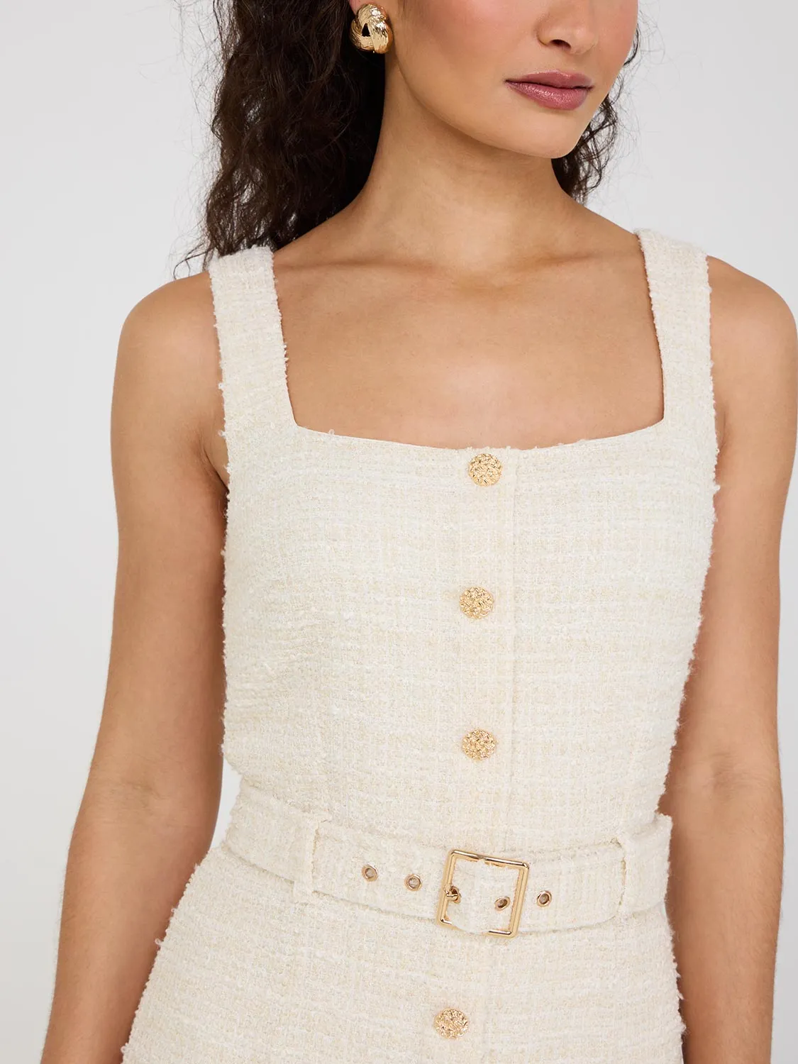 Square Neck Boucle Sheath Dress monochrome style