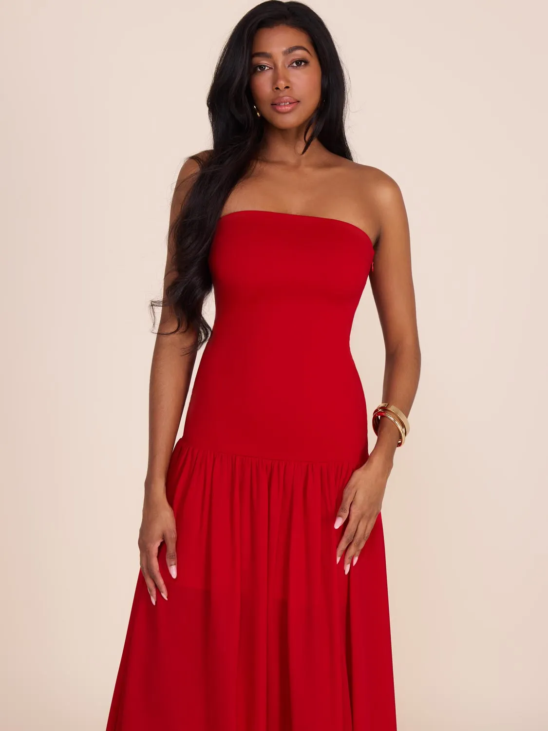 Strapless Midi Dress With Chiffon Skirt ethnic flair