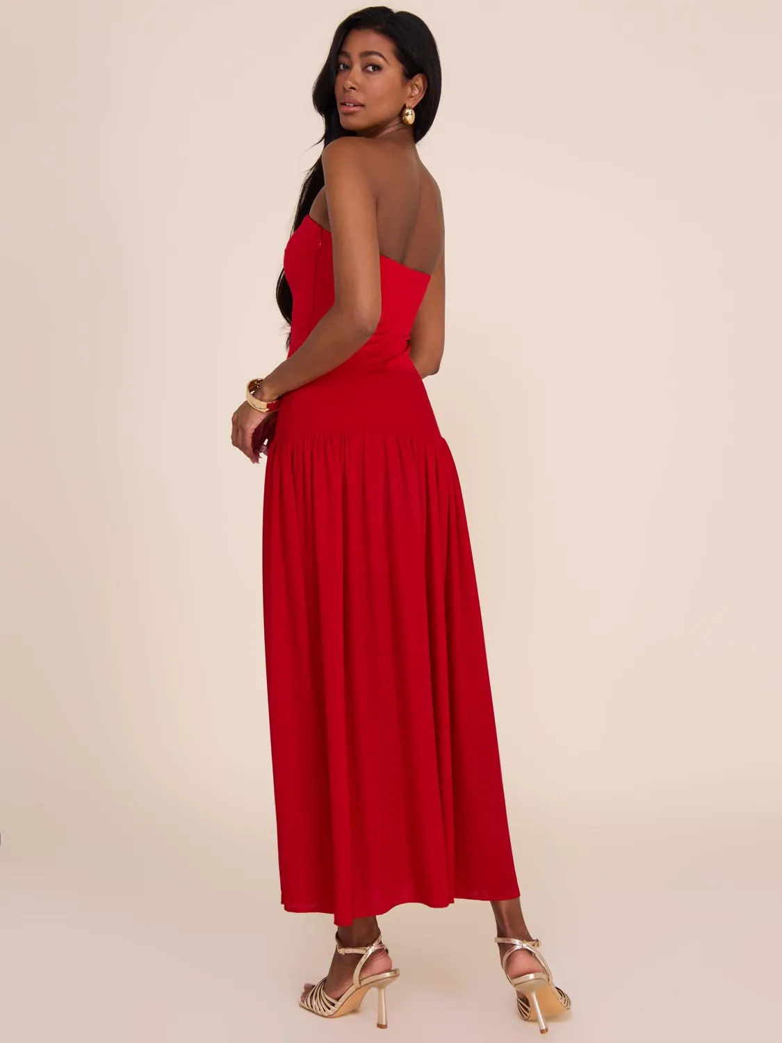 Strapless Midi Dress With Chiffon Skirt striped pattern