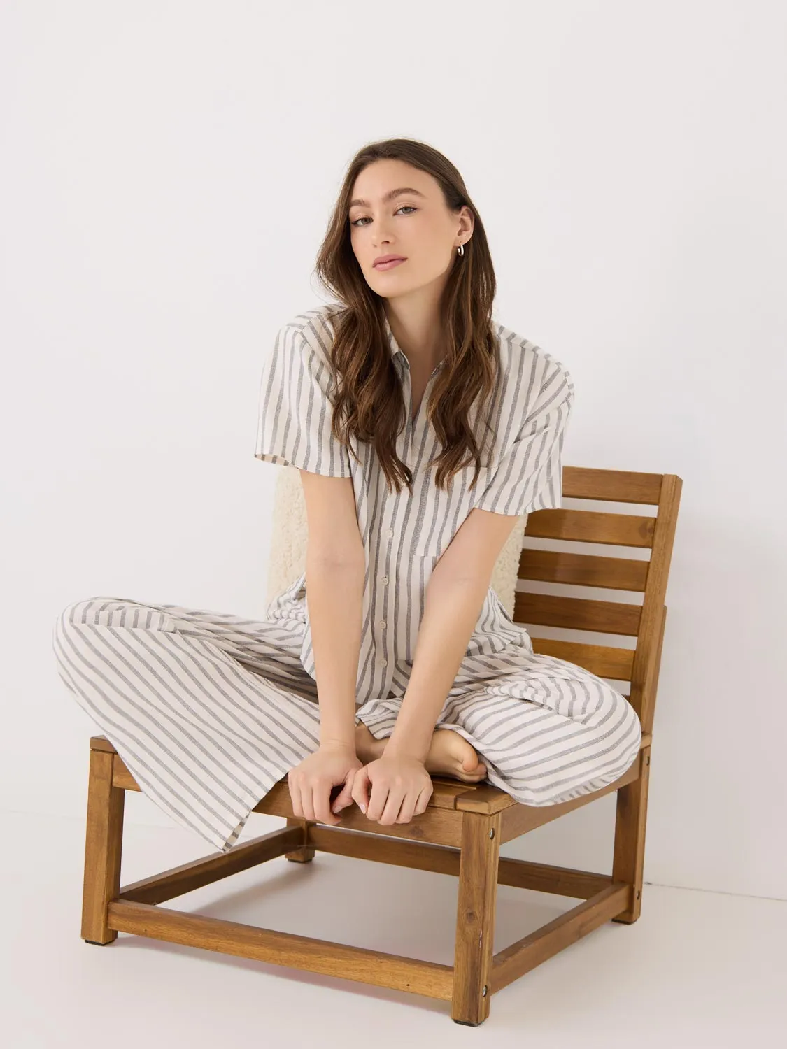 Striped Linen Blend Short Sleeve Blouse Feel Urban