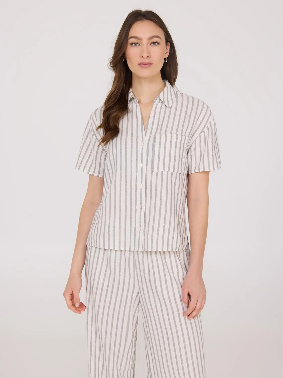Striped Linen Blend Short Sleeve Blouse Relaxed Style