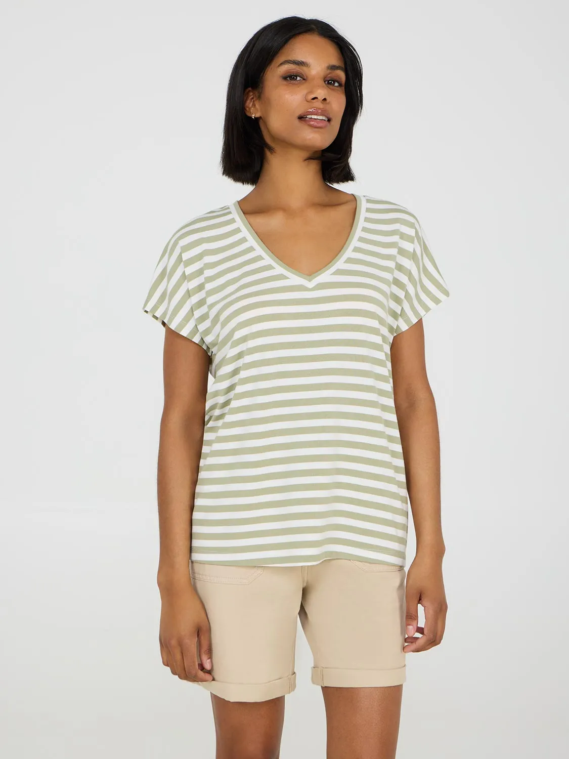 Striped V-Neck Dolman Sleeve T-Shirt Casual Edge