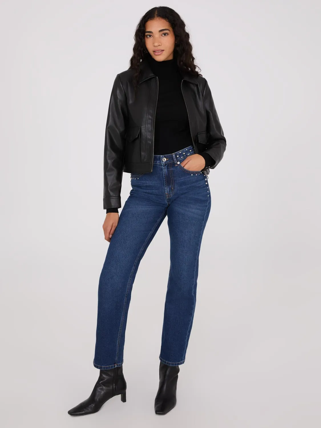 Studded Straight Leg Jeans elastic band