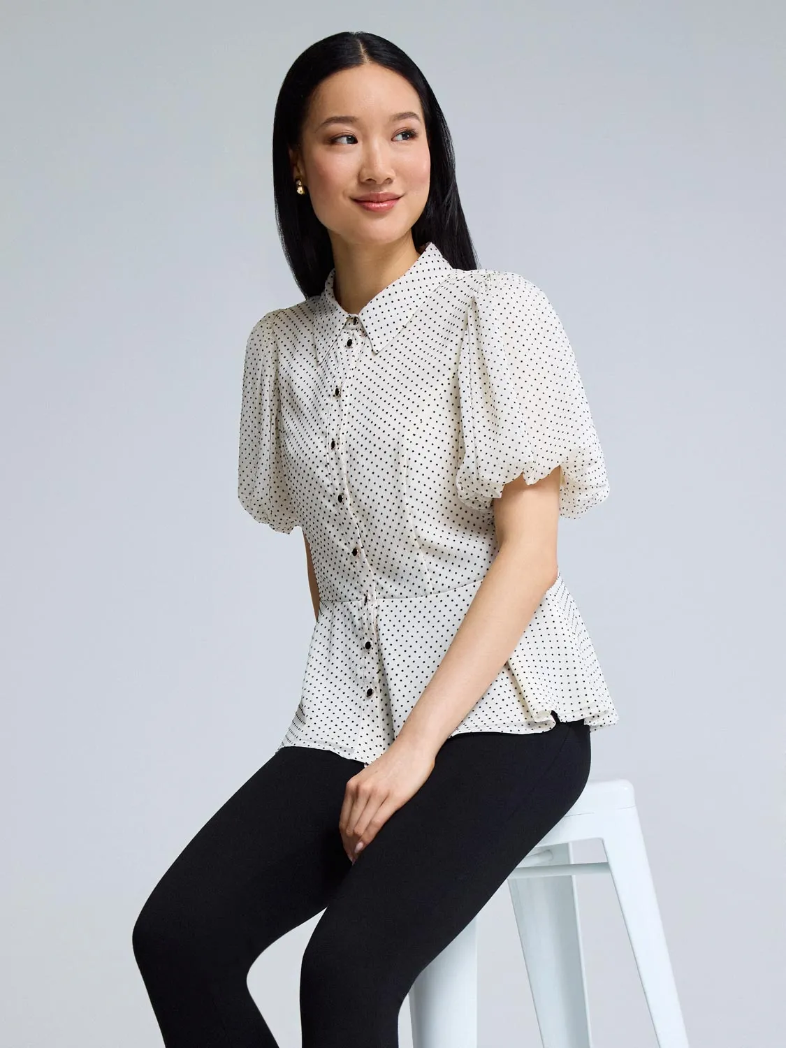 Textured Button-Up Peplum Blouse Outfit Staple