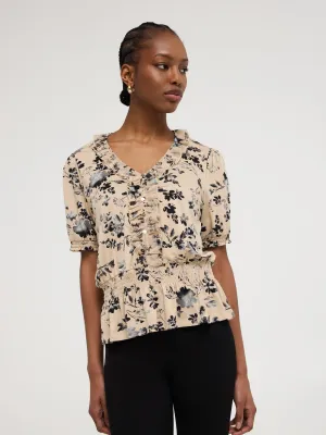 Textured Floral Print V-Neck Top Walk Boldly
