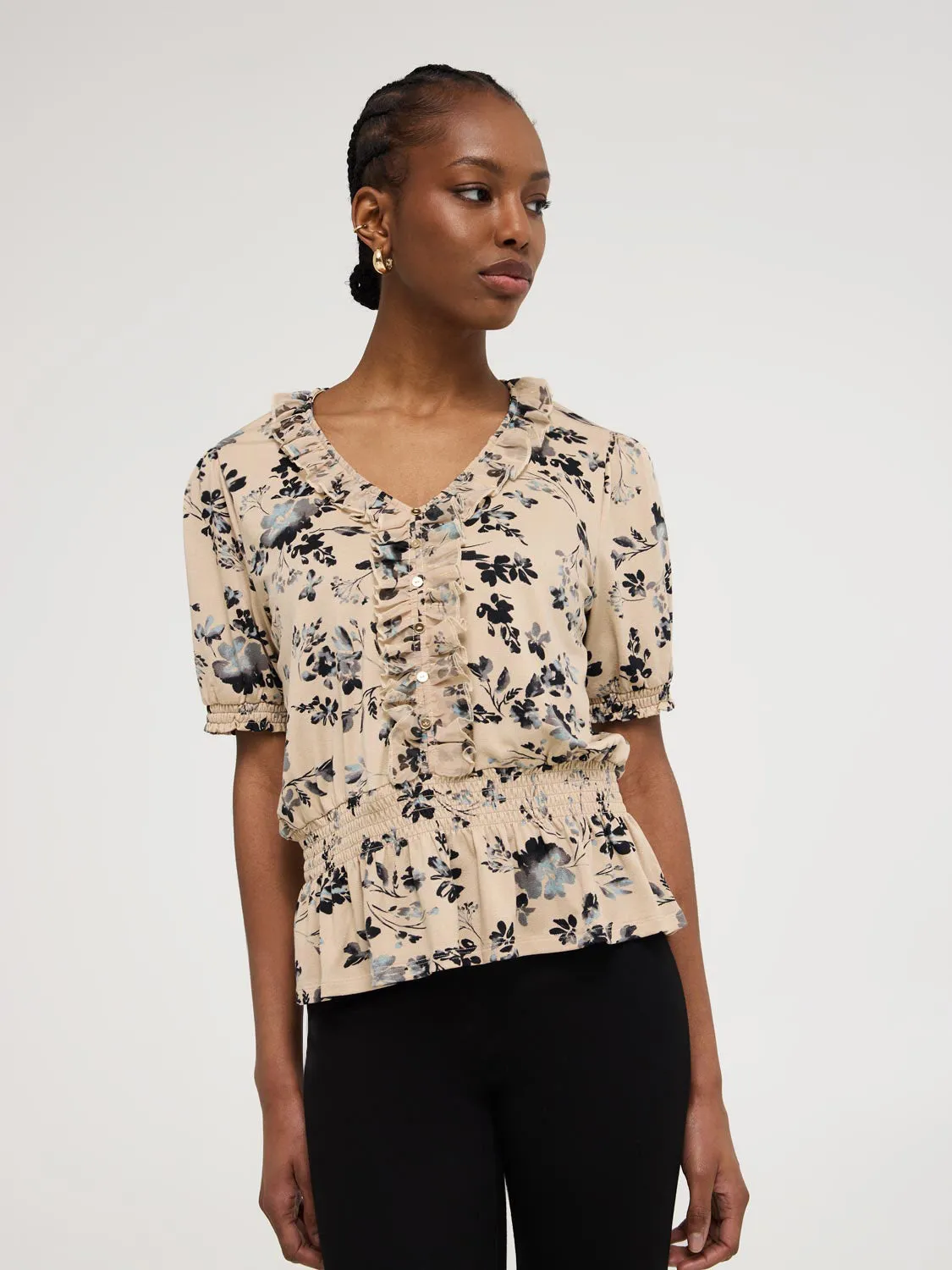 Textured Floral Print V-Neck Top Walk Boldly