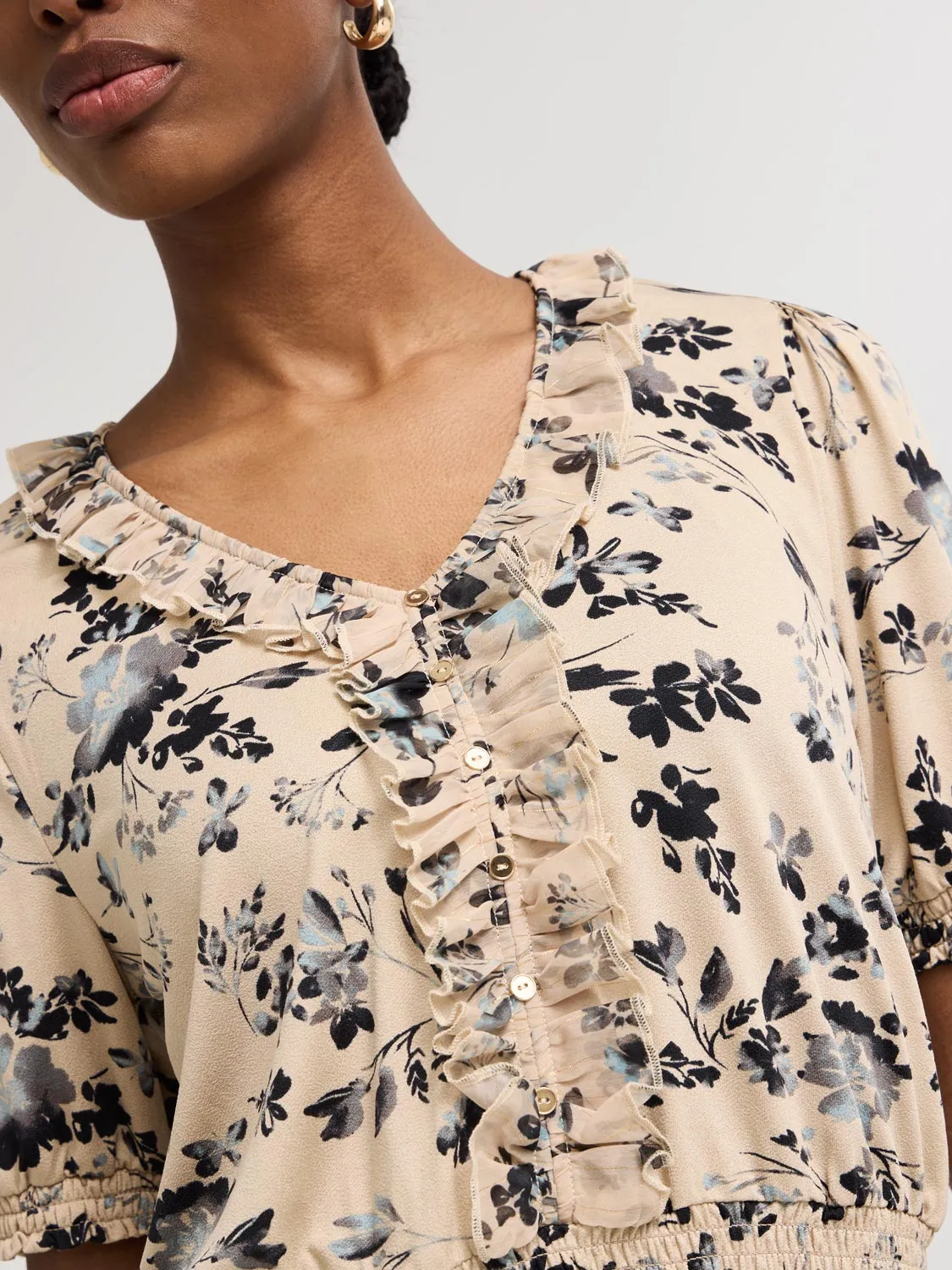 Textured Floral Print V-Neck Top Go Simple