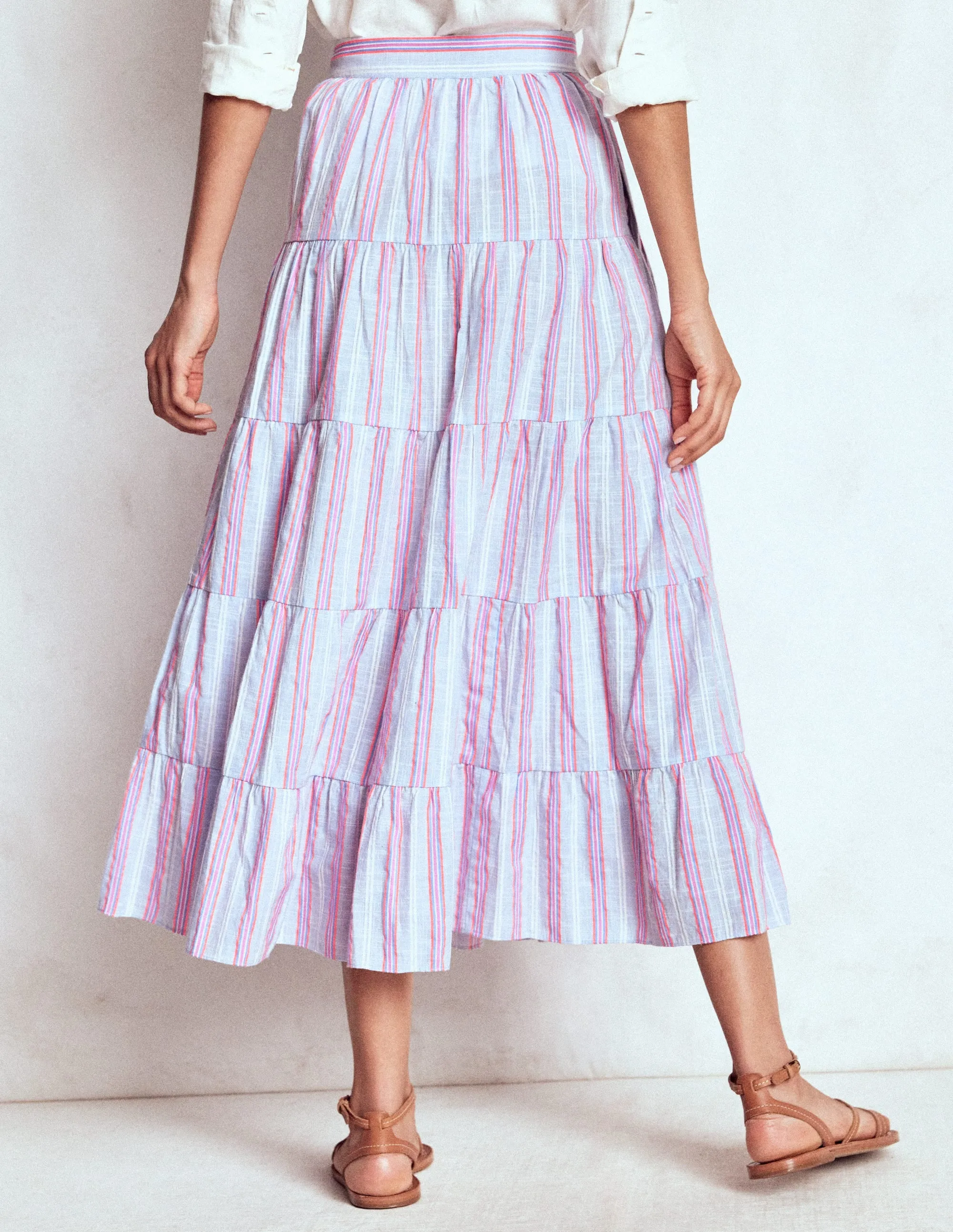 Tiered Poplin Midi Skirt-Metallic Stripe trend element