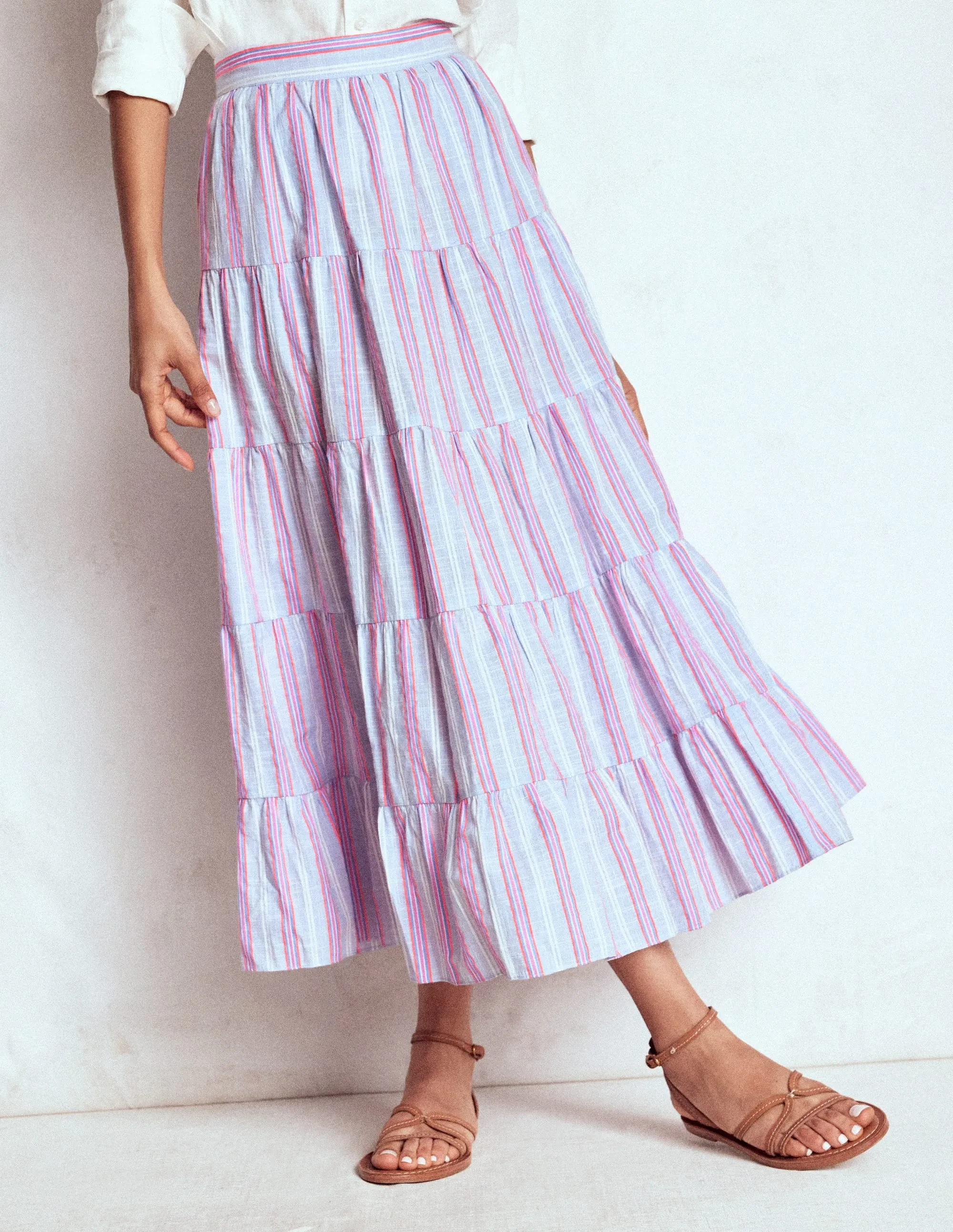 Tiered Poplin Midi Skirt-Metallic Stripe spring new