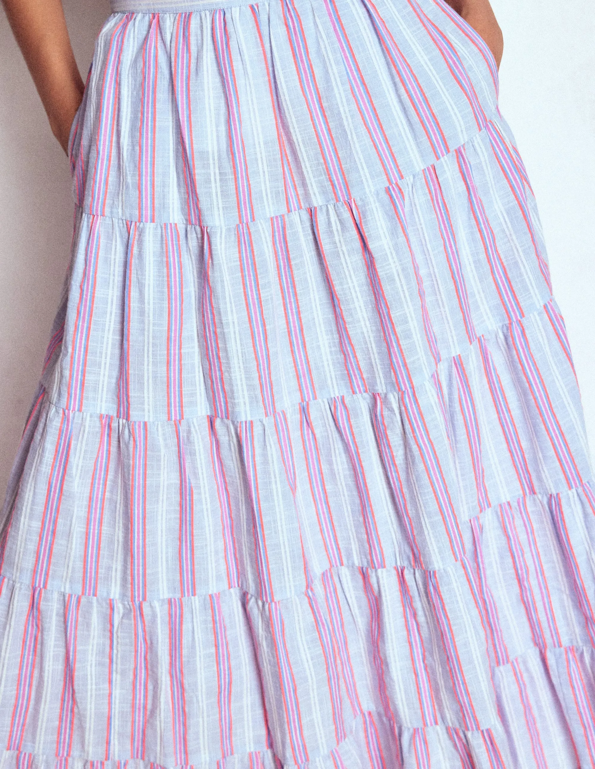 Tiered Poplin Midi Skirt-Metallic Stripe endless vibe