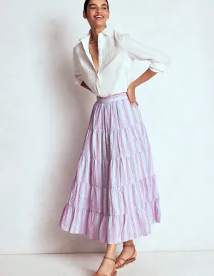 Tiered Poplin Midi Skirt-Metallic Stripe youthful vibe
