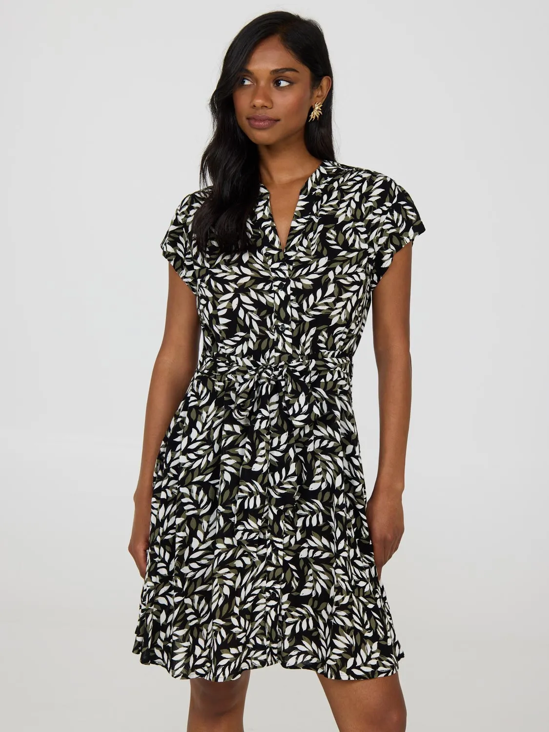Tropical Print Button-Front Textured Dress easy elegance