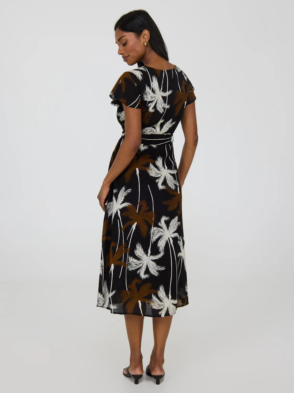 Tropical Print Flutter Sleeve Button-Front Midi Dress classical elegance