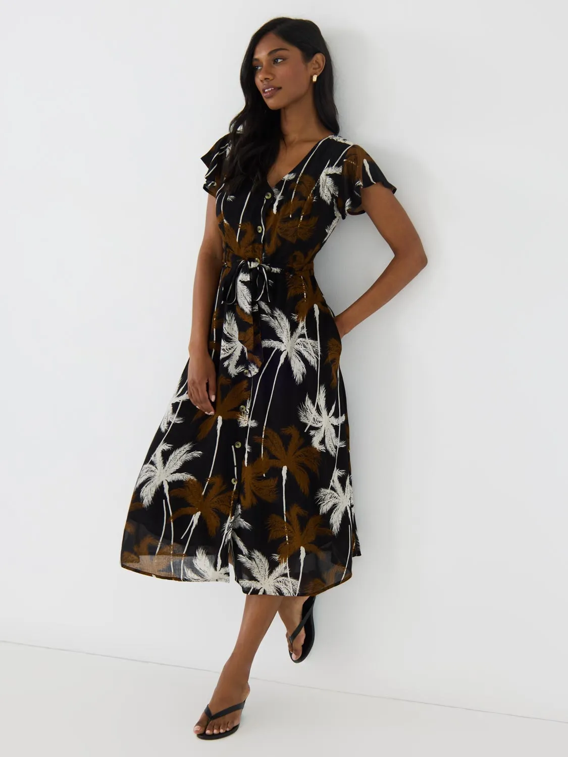 Tropical Print Flutter Sleeve Button-Front Midi Dress unique design