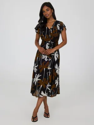 Tropical Print Flutter Sleeve Button-Front Midi Dress romantic trend