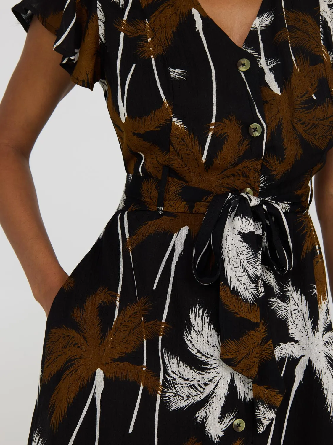 Tropical Print Flutter Sleeve Button-Front Midi Dress natural feel