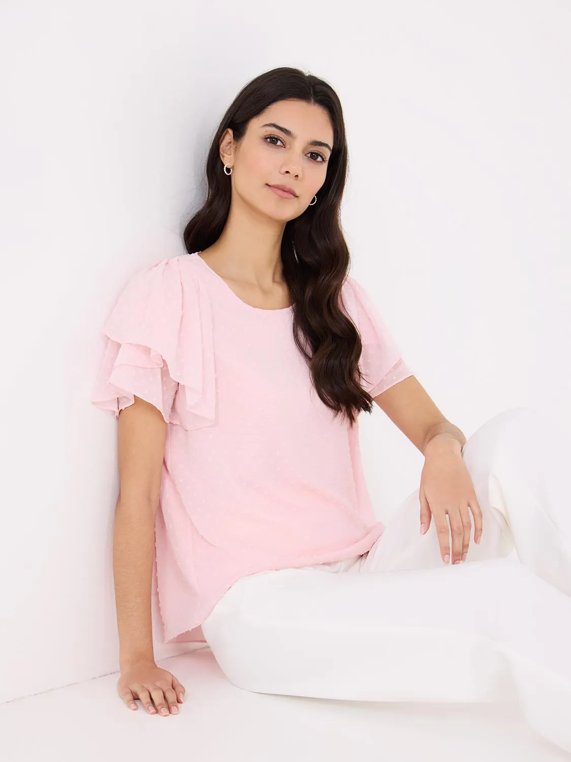 Tulip Sleeve Clip Dot Chiffon Top Go-to Piece