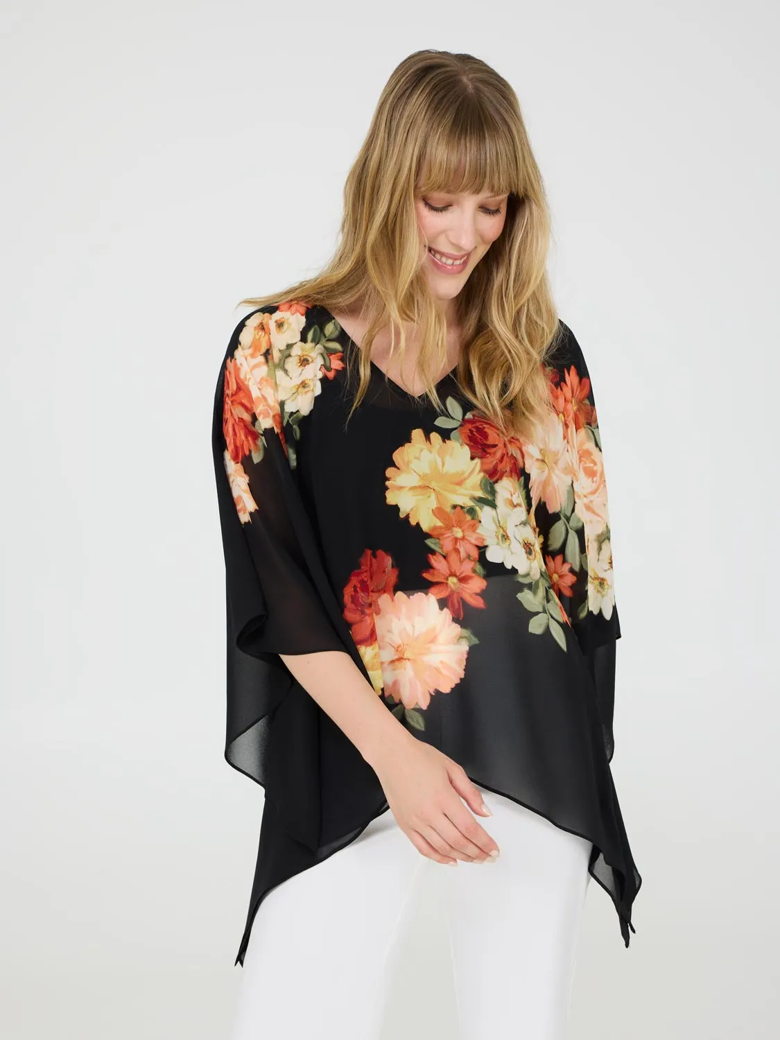 V-Neck Floral Poncho Blouse Modern Fit