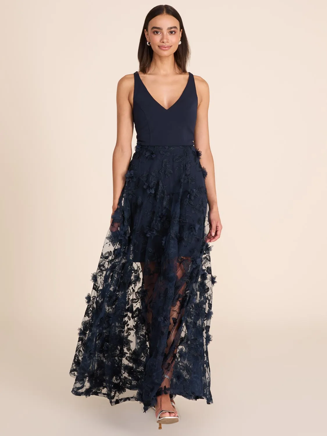 V-Neck Gown With Floral Appliqus abstract art