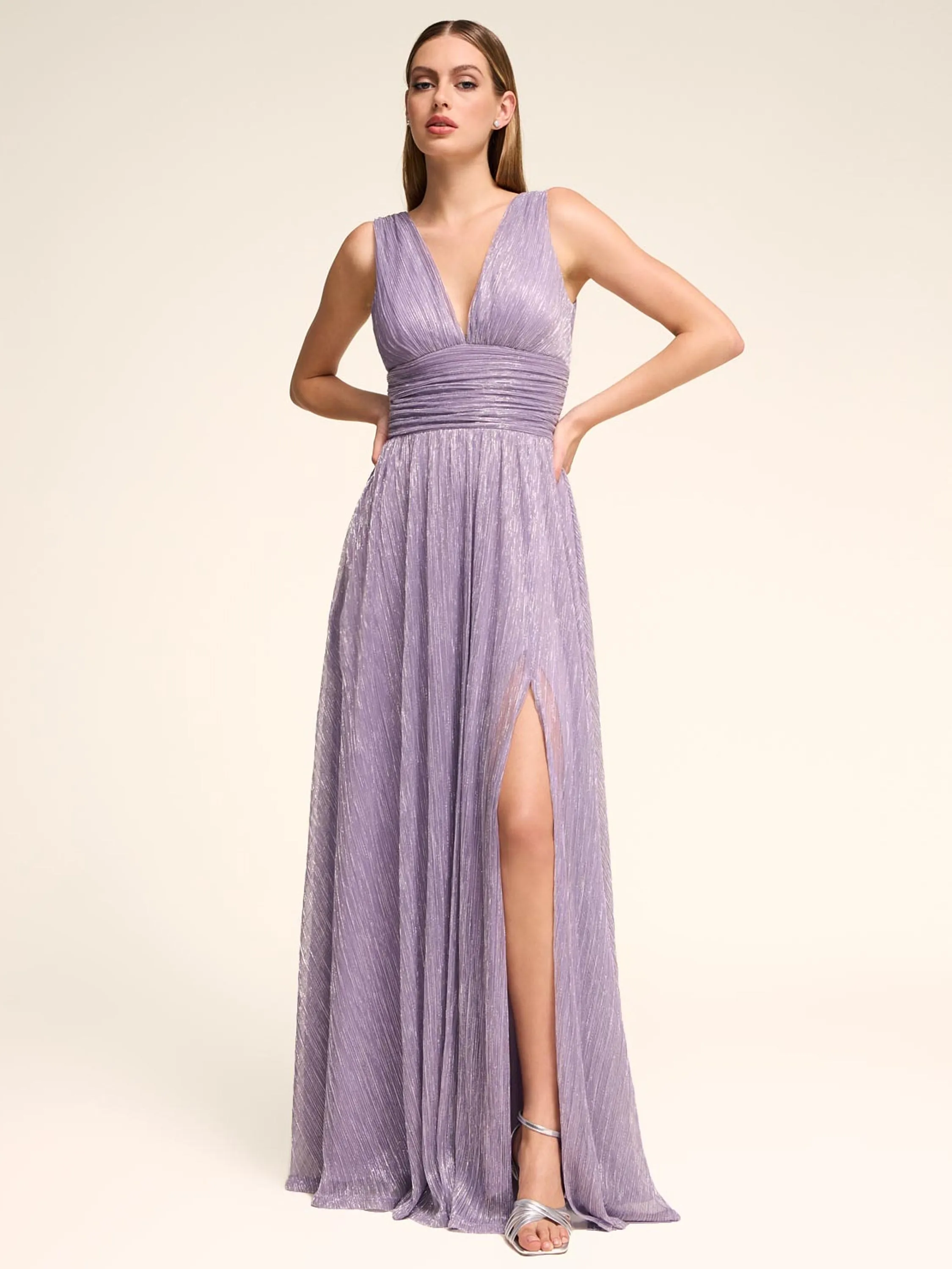 V-Neck Metallic Crinkle Knit Gown cute appeal
