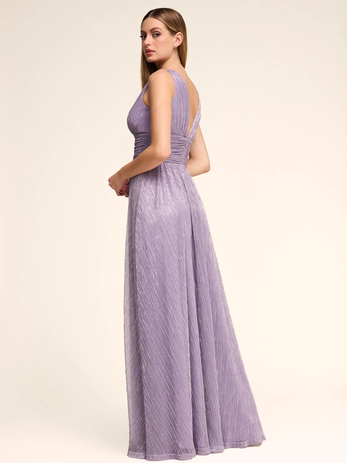 V-Neck Metallic Crinkle Knit Gown street fashion