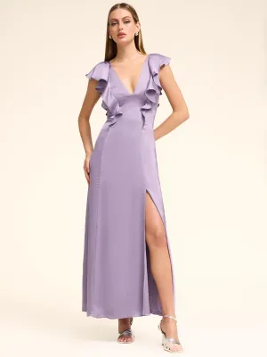 V-Neck Satin Dress With Ruffles unique detail