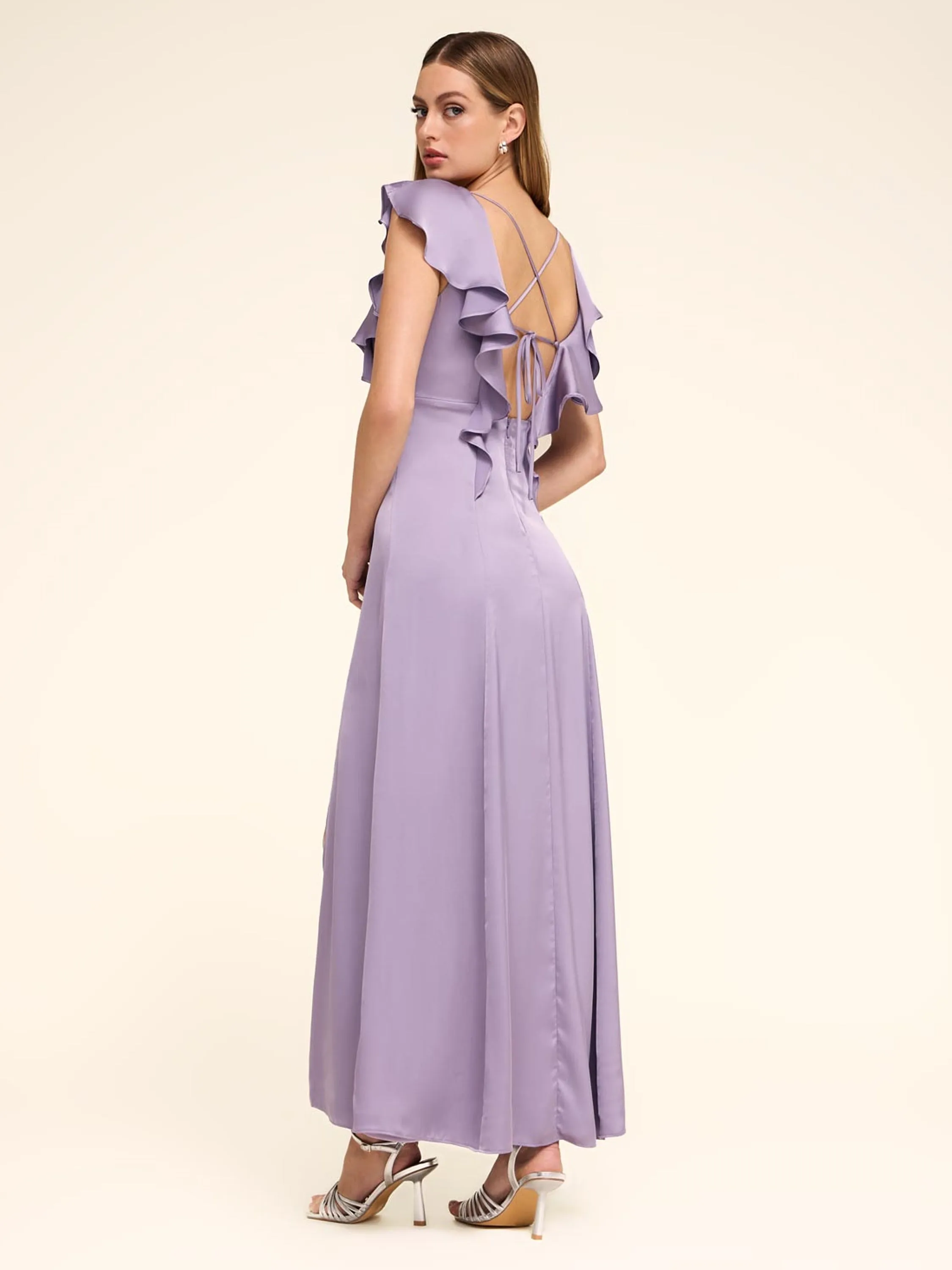 V-Neck Satin Dress With Ruffles slimming effect