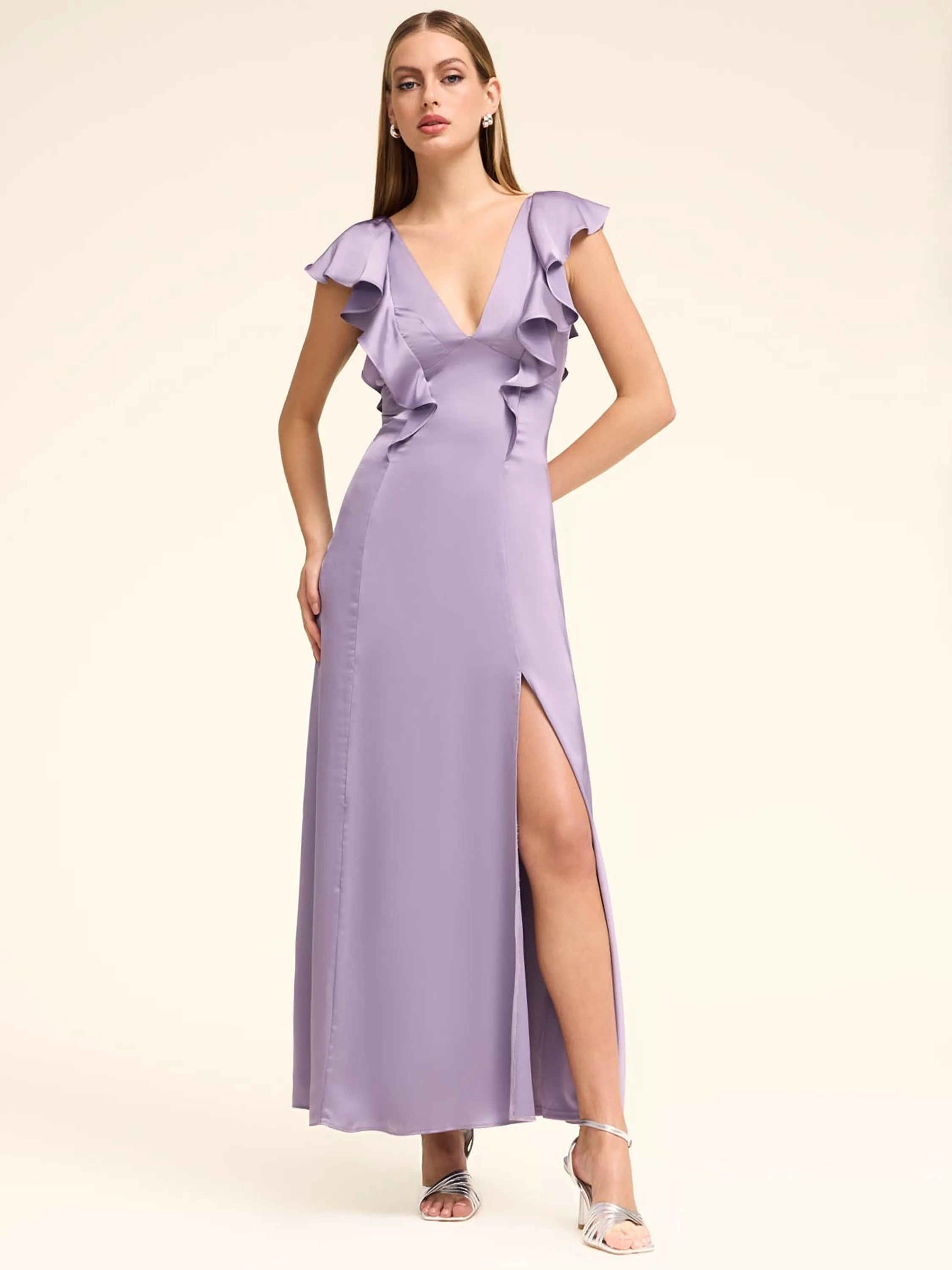 V-Neck Satin Dress With Ruffles unique detail
