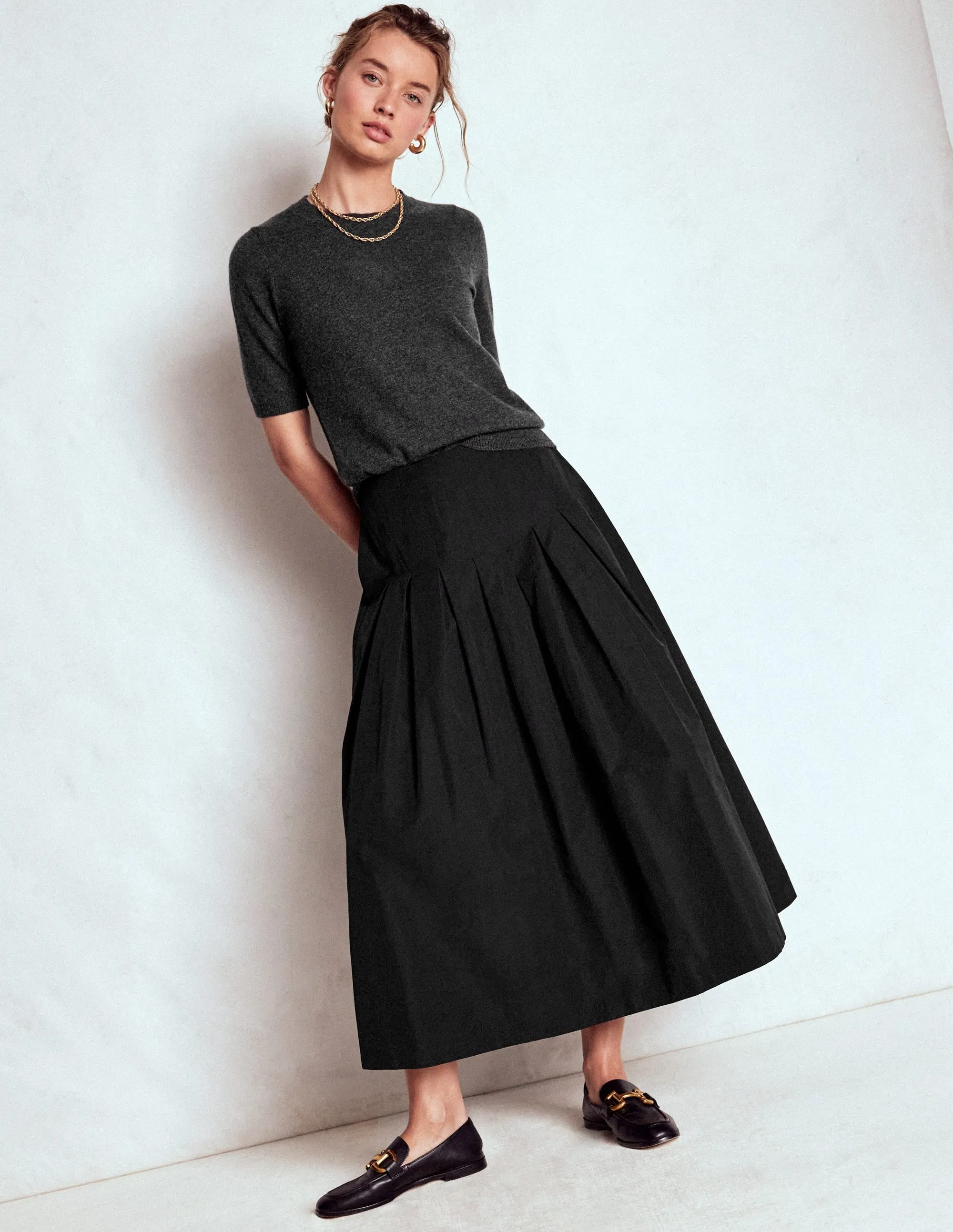 Valentina Taffeta Midi Skirt-Black casual versatile