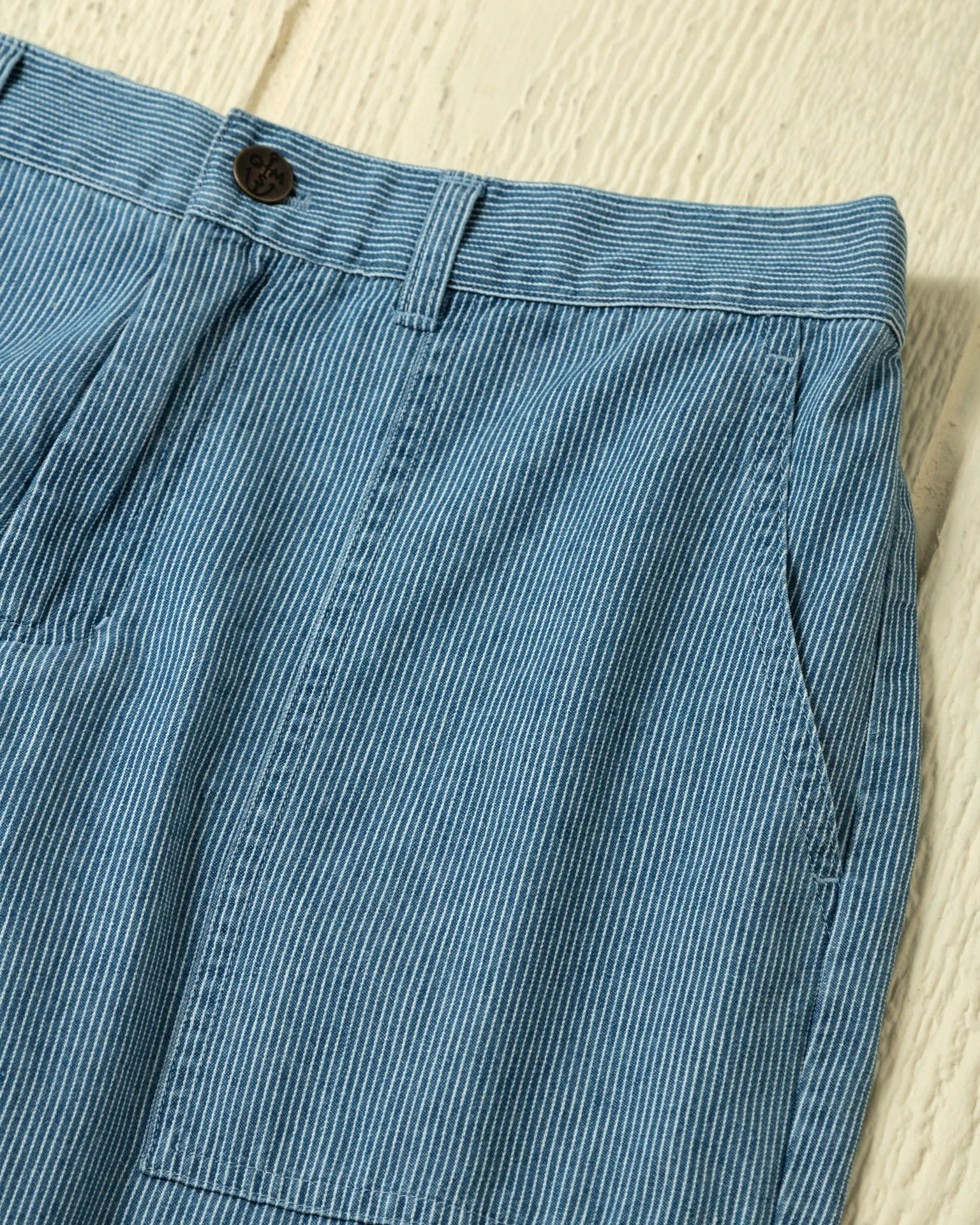 Ventura Pant in Denim Blue Hickory Stripe confident look