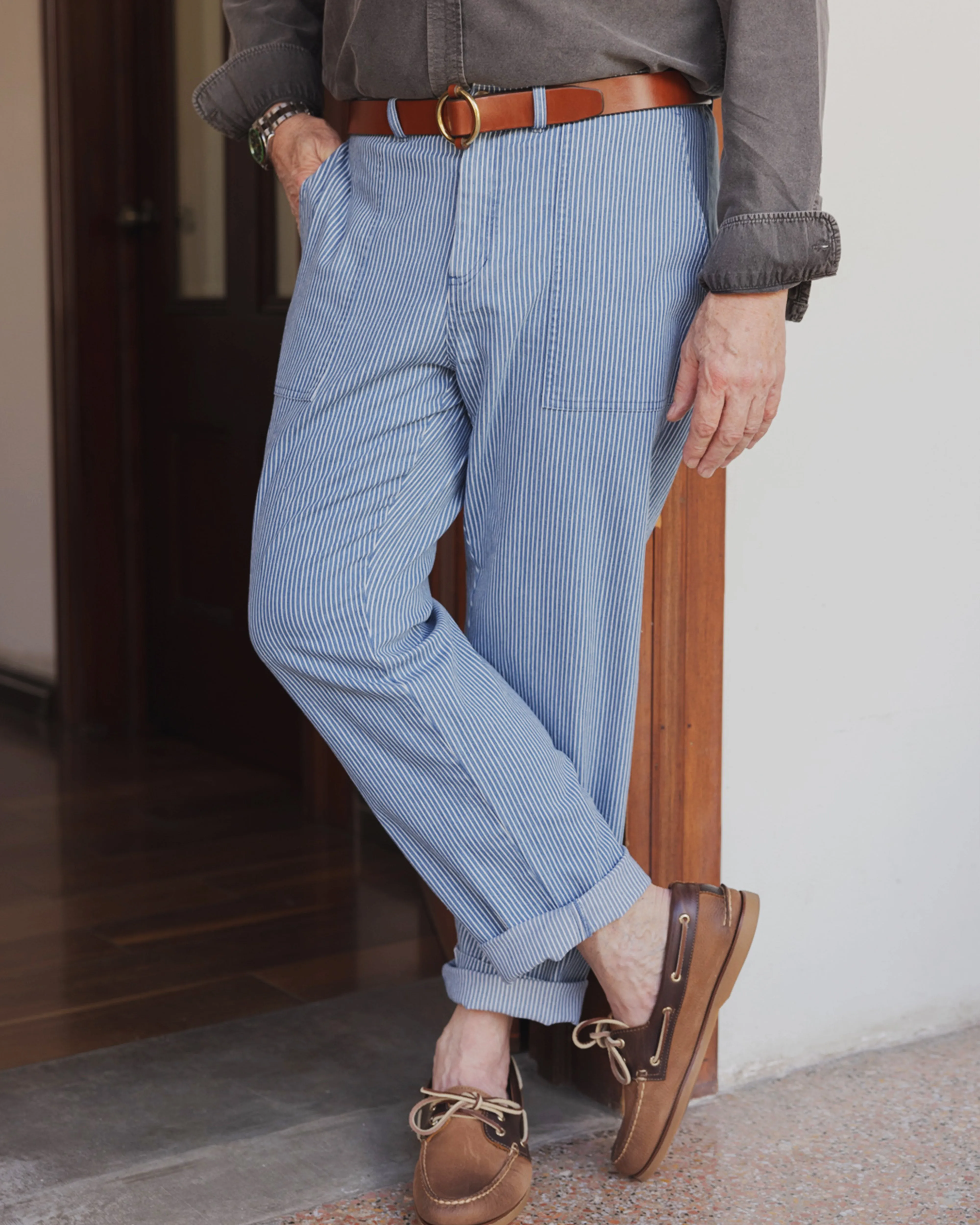 Ventura Pant in Railroad Stripe Denim handmade details