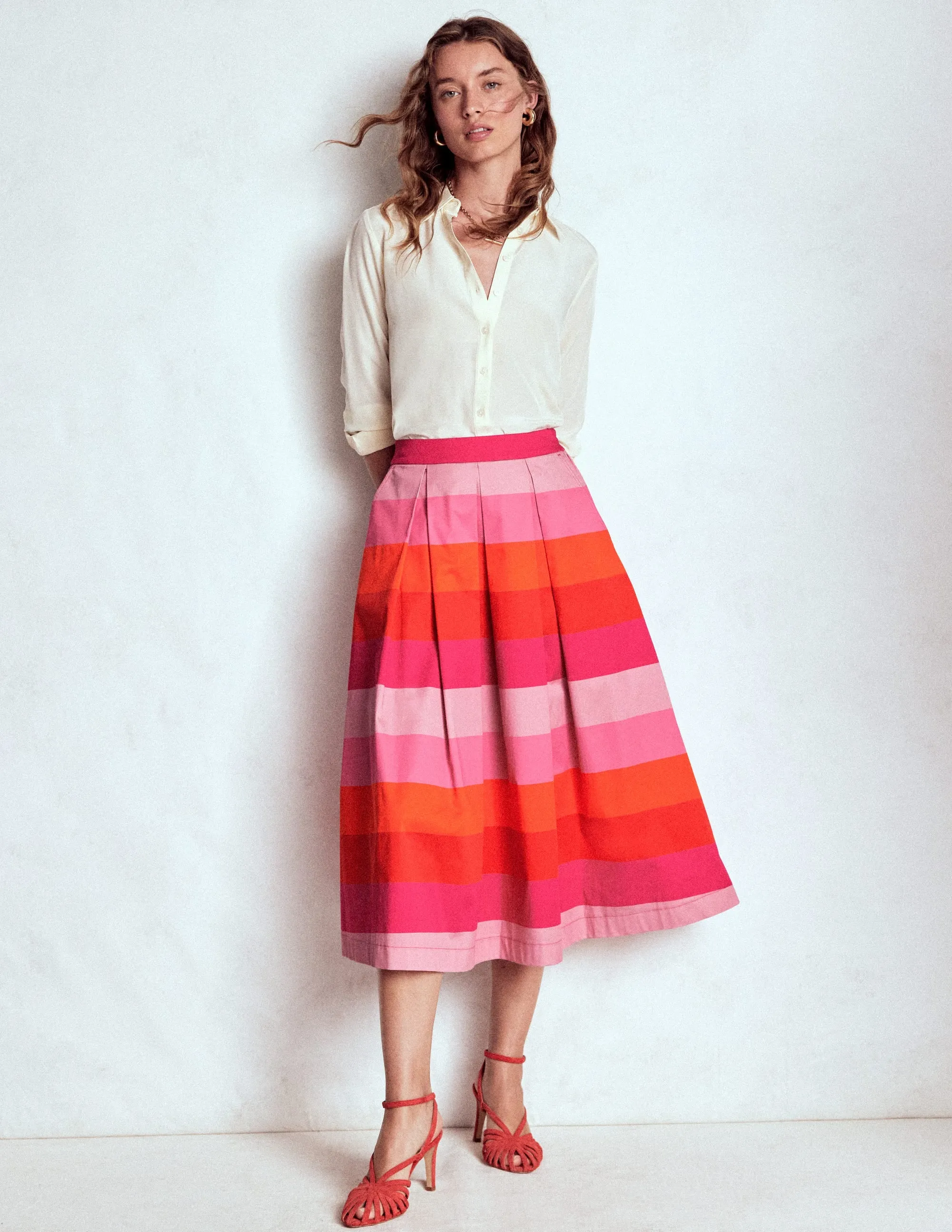 Verity Cotton Midi Skirt-Pink Tonal Multistripe summer airy