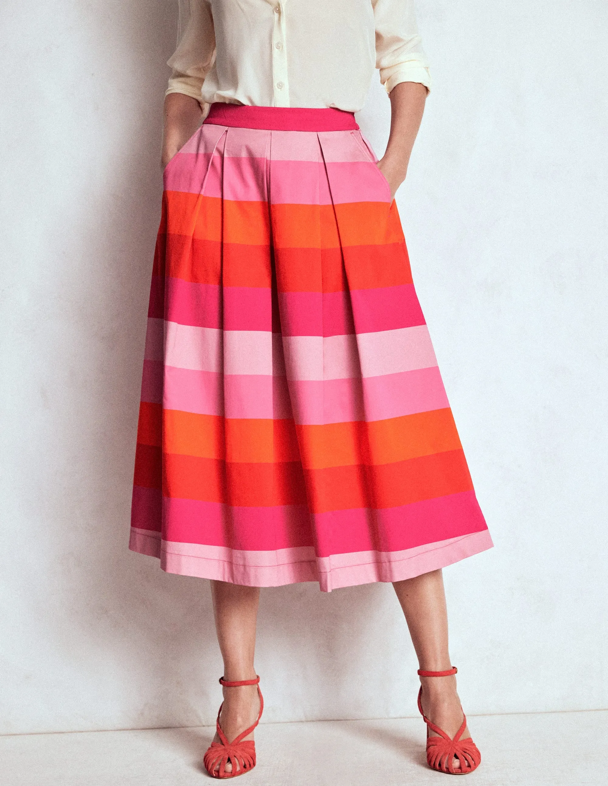 Verity Cotton Midi Skirt-Pink Tonal Multistripe trend mix