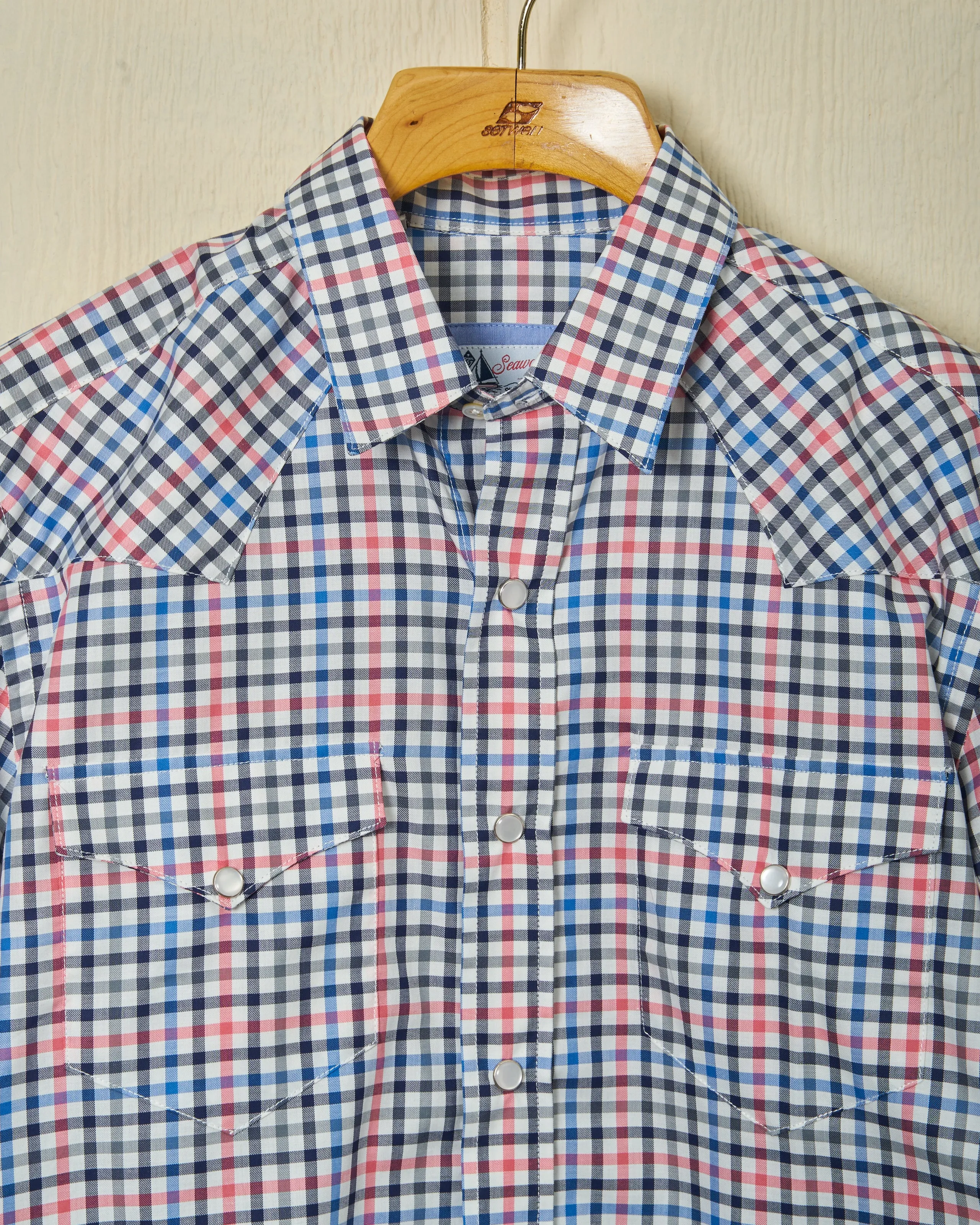 Western Sea-Washed Shirt in Blue/Coral Gun Check Soft Daily