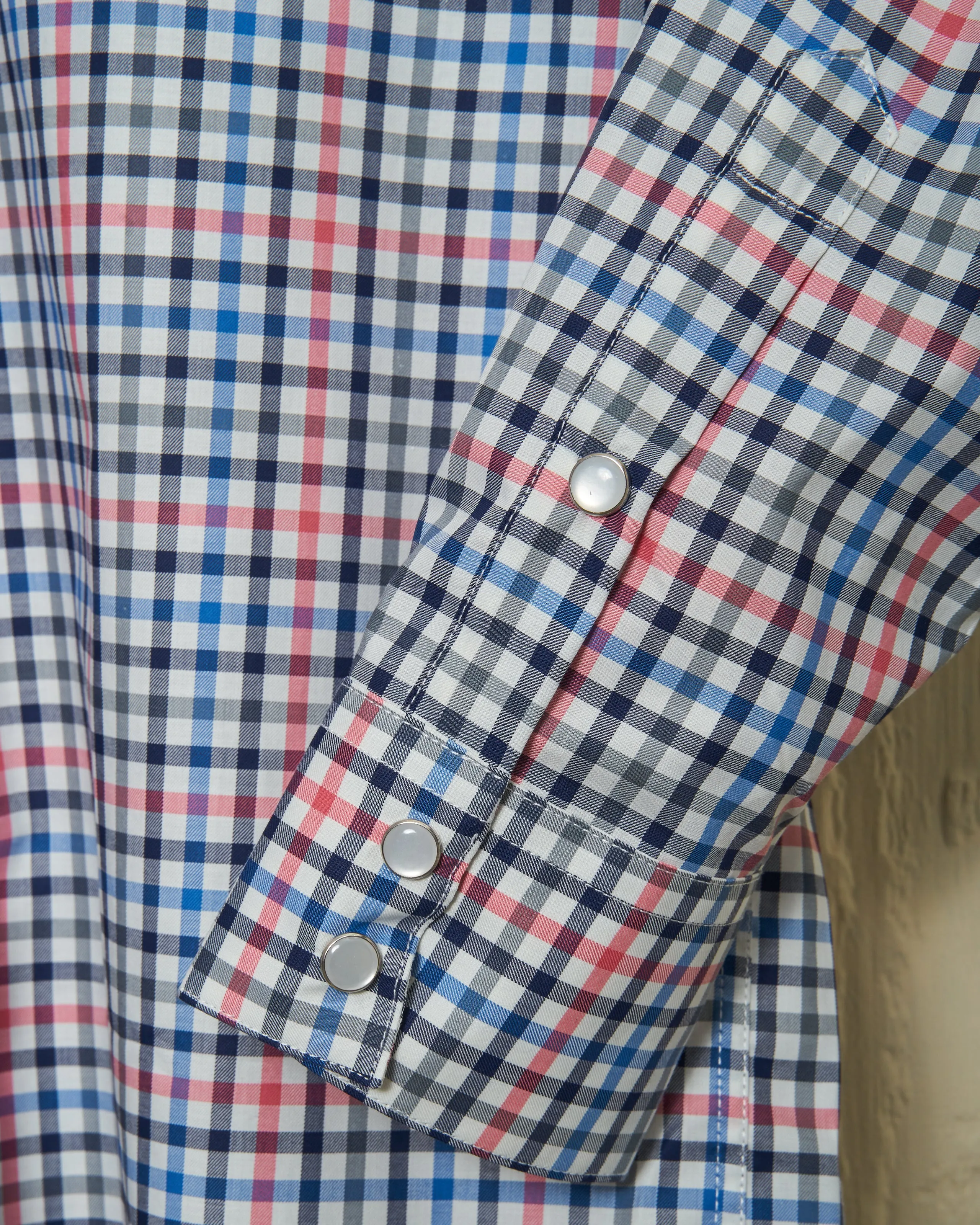 Western Sea-Washed Shirt in Blue/Coral Gun Check Smart Casual