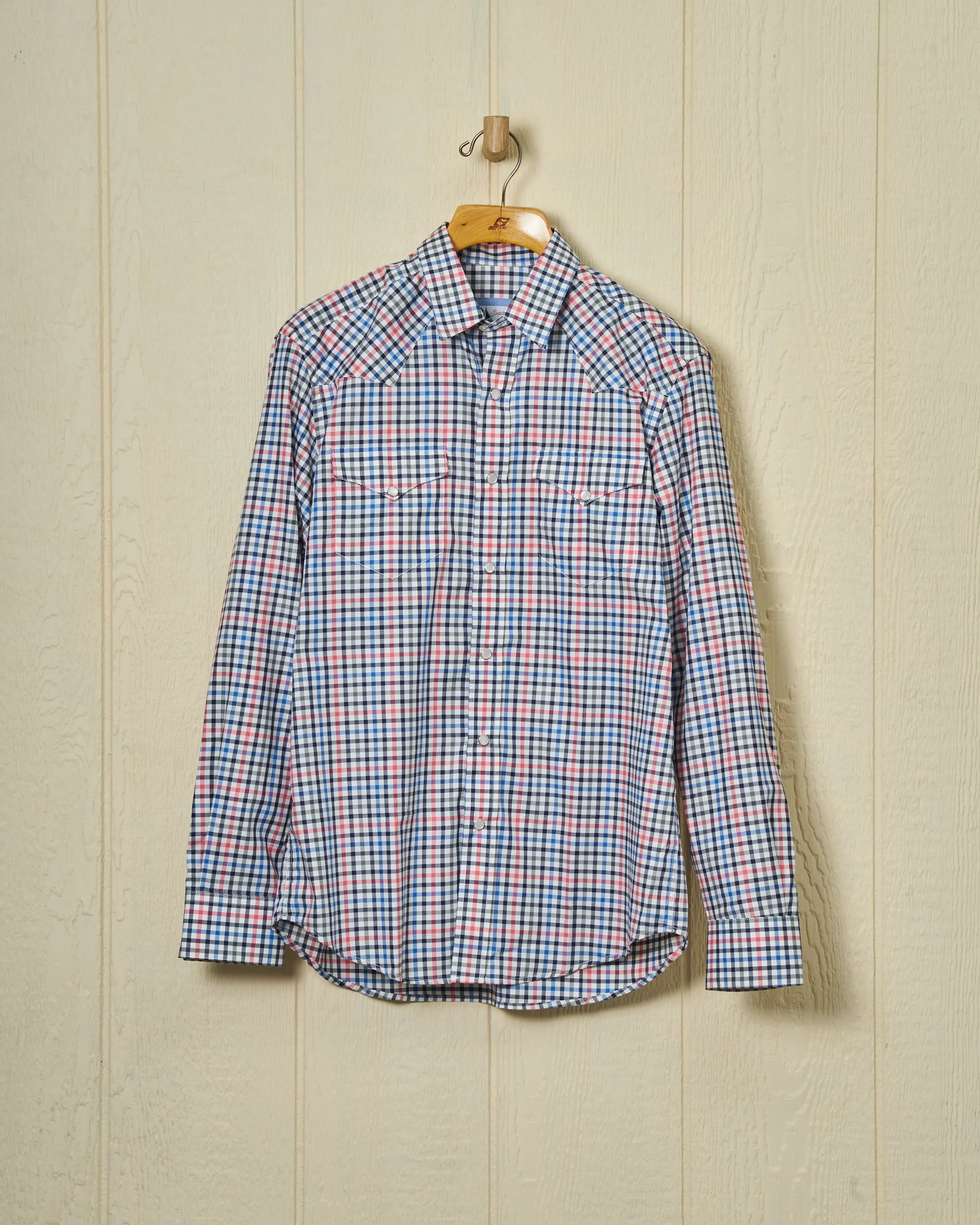 Western Sea-Washed Shirt in Blue/Coral Gun Check Fit Focus