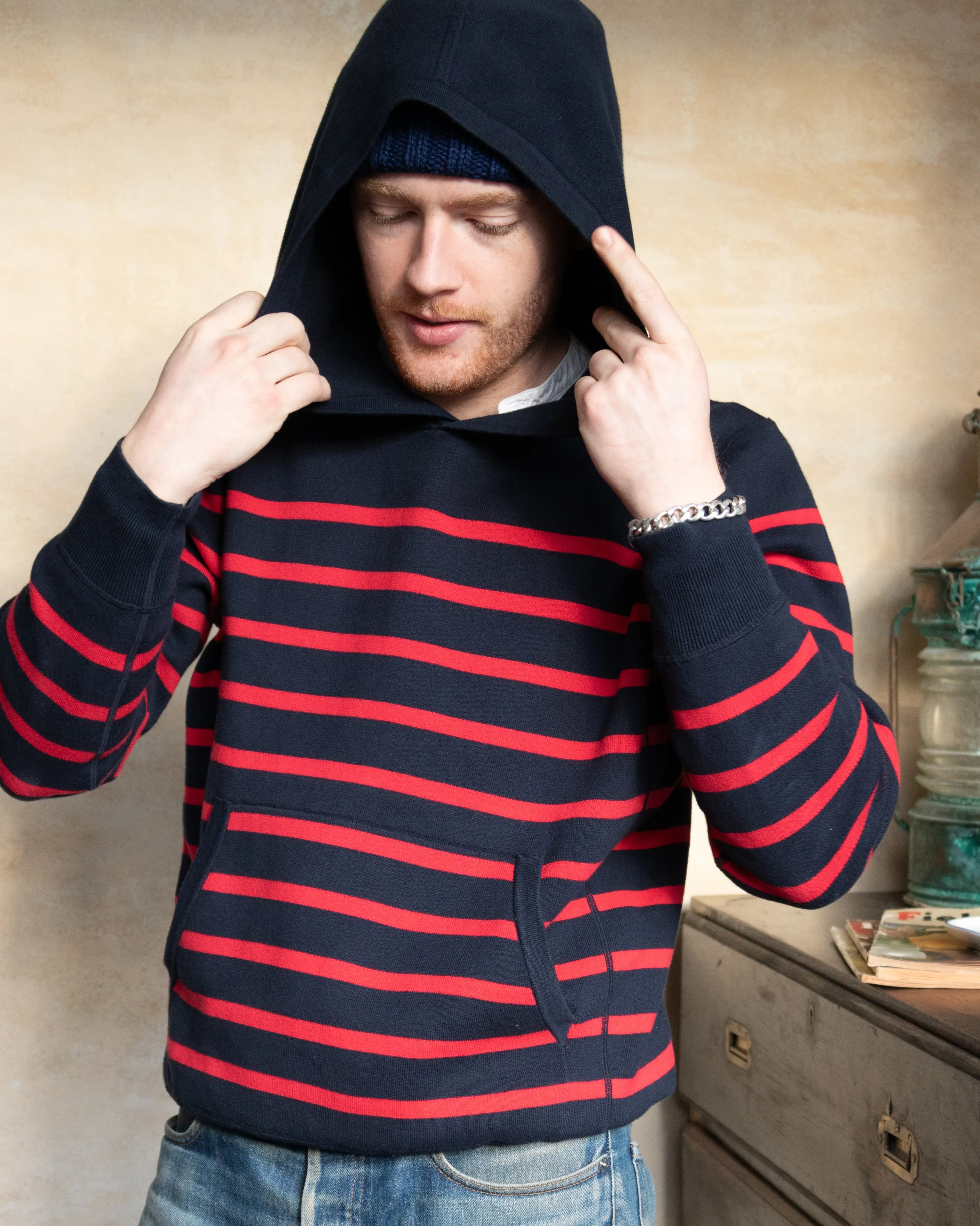 Wharf Knit Hoodie in Navy/Burgundy Stripe luxury tone