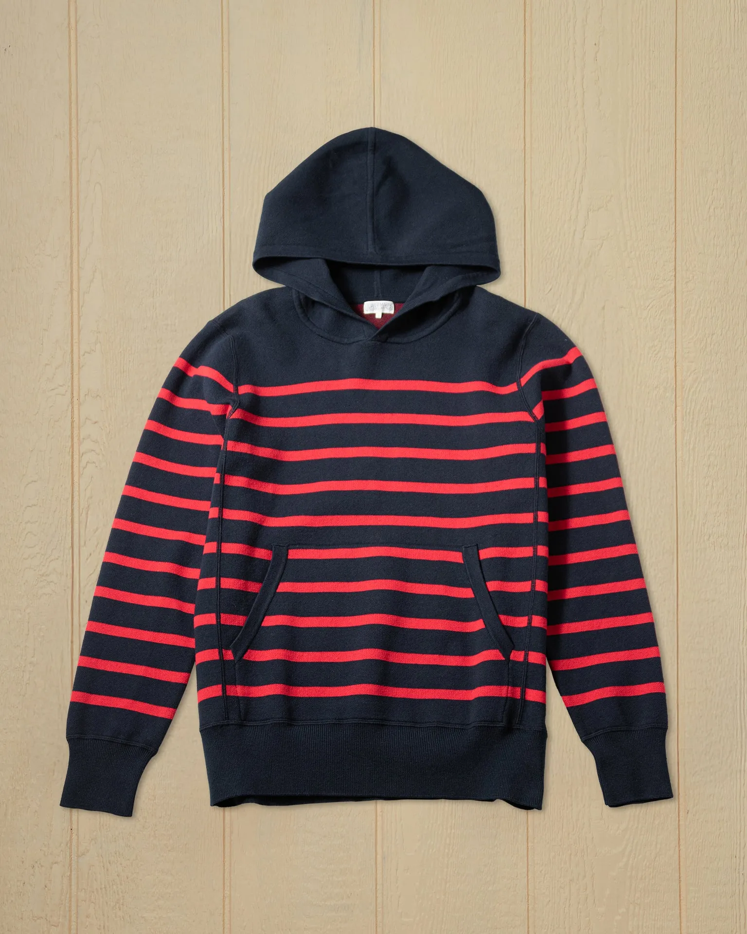 Wharf Knit Hoodie in Navy/Burgundy Stripe thoughtful layer