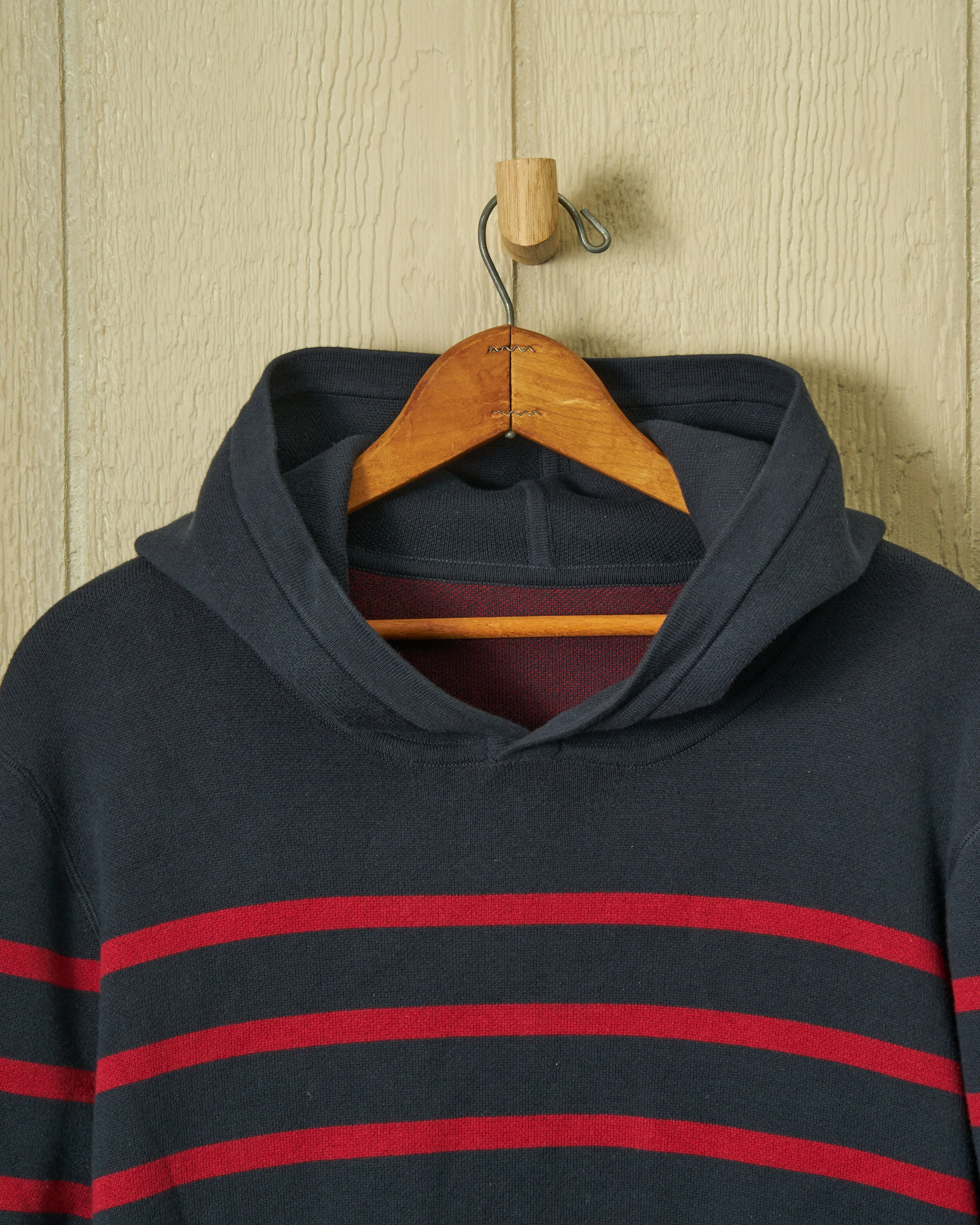 Wharf Knit Hoodie in Navy/Burgundy Stripe relaxed edge