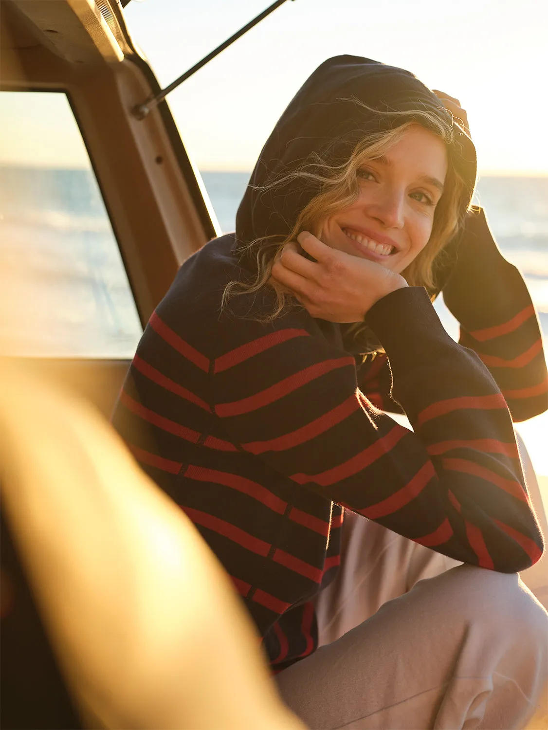 Wharf Knit Hoodie in Navy/Burgundy Stripe luxe feel
