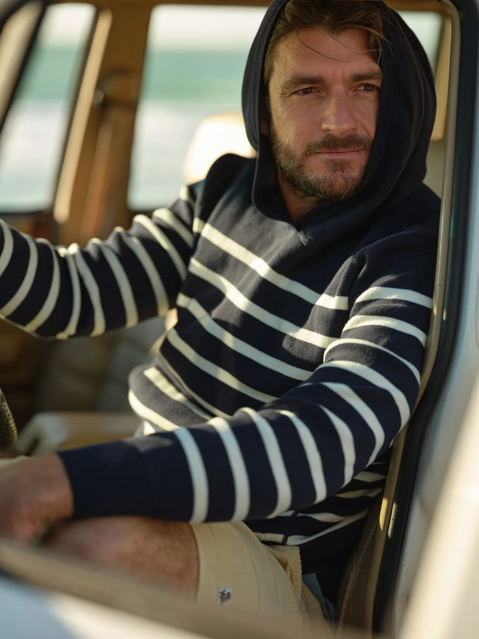 Wharf Knit Hoodie in Navy/White Stripe cloud vibe