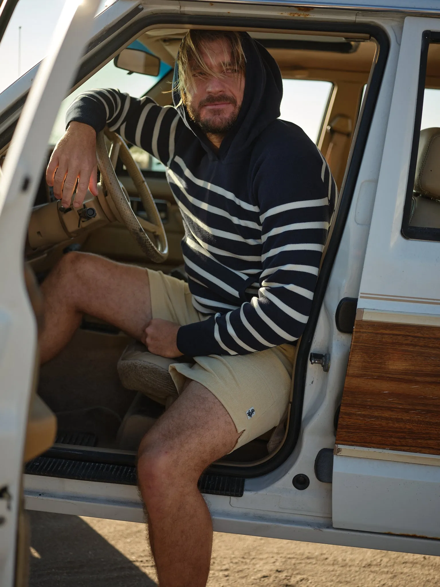 Wharf Knit Hoodie in Navy/White Stripe timeless tone