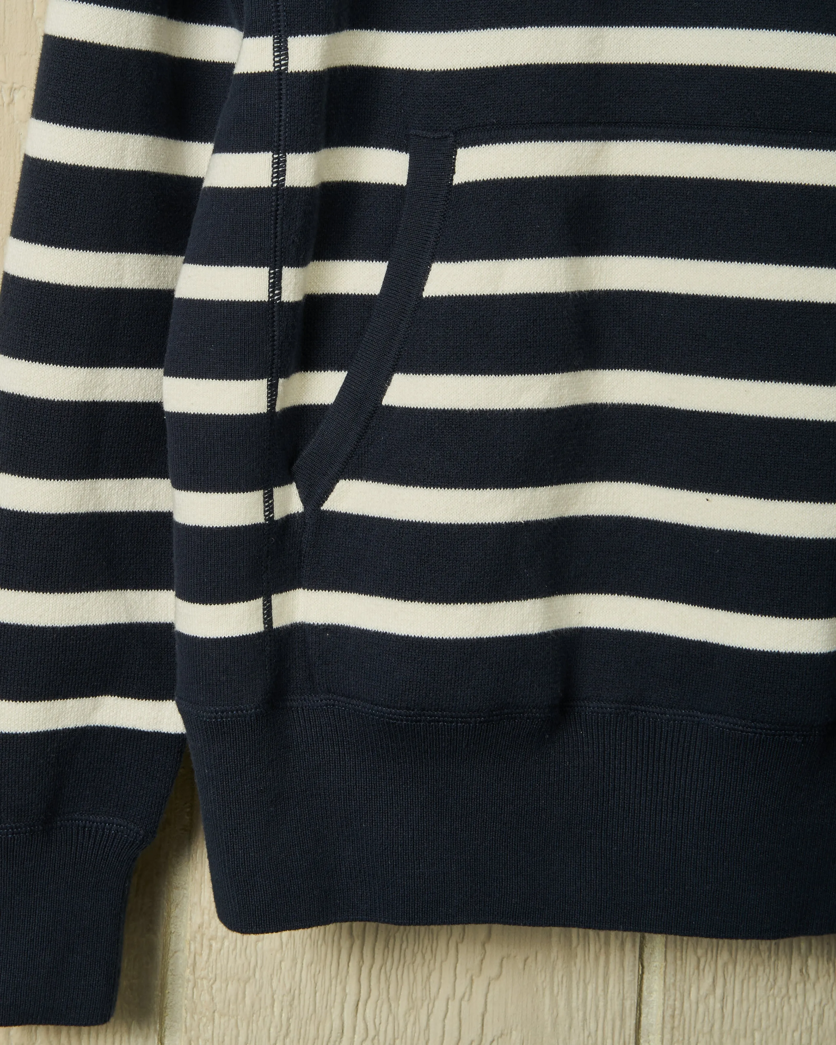 Wharf Knit Hoodie in Navy/White Stripe calming tone