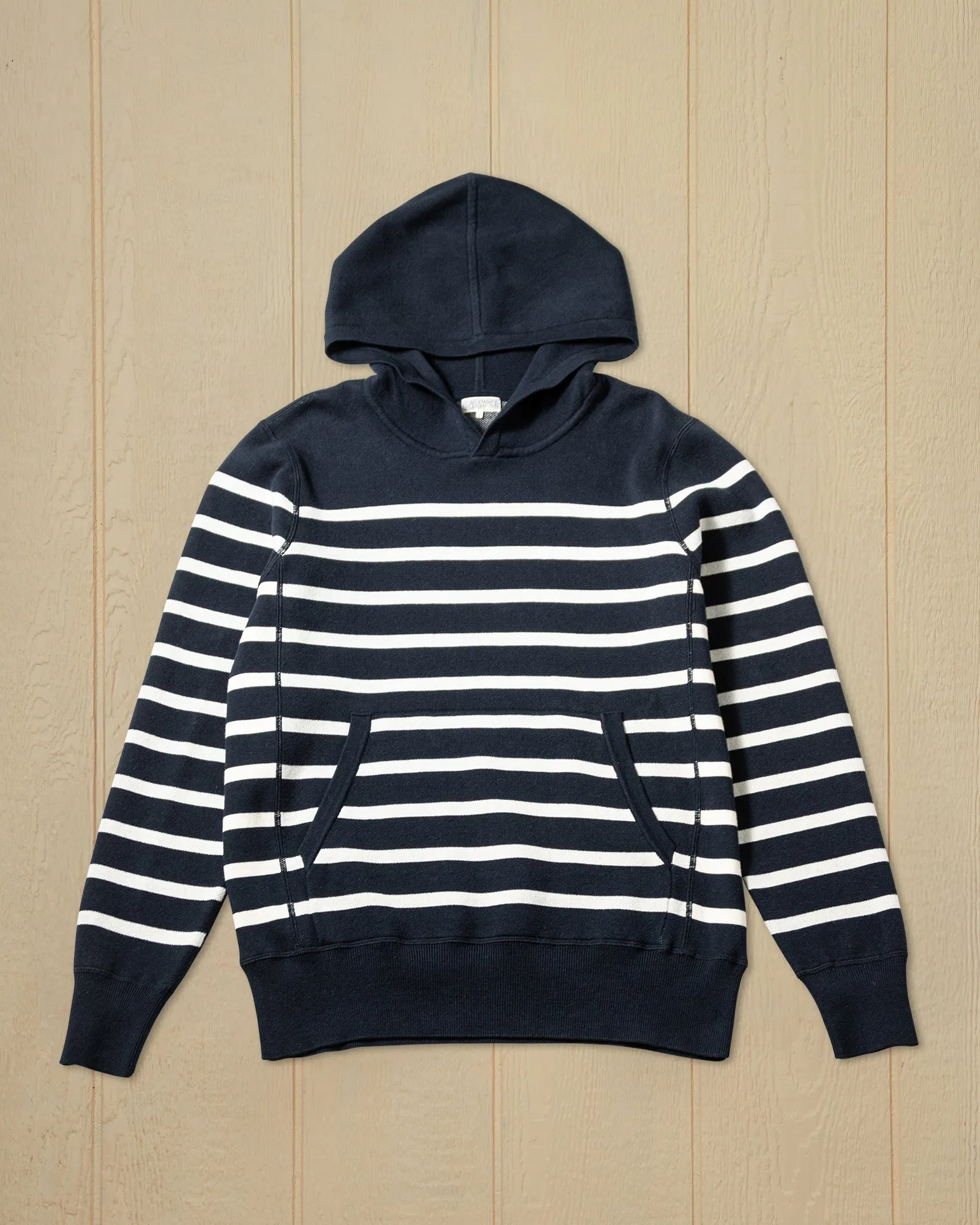 Wharf Knit Hoodie in Navy/White Stripe cozy space