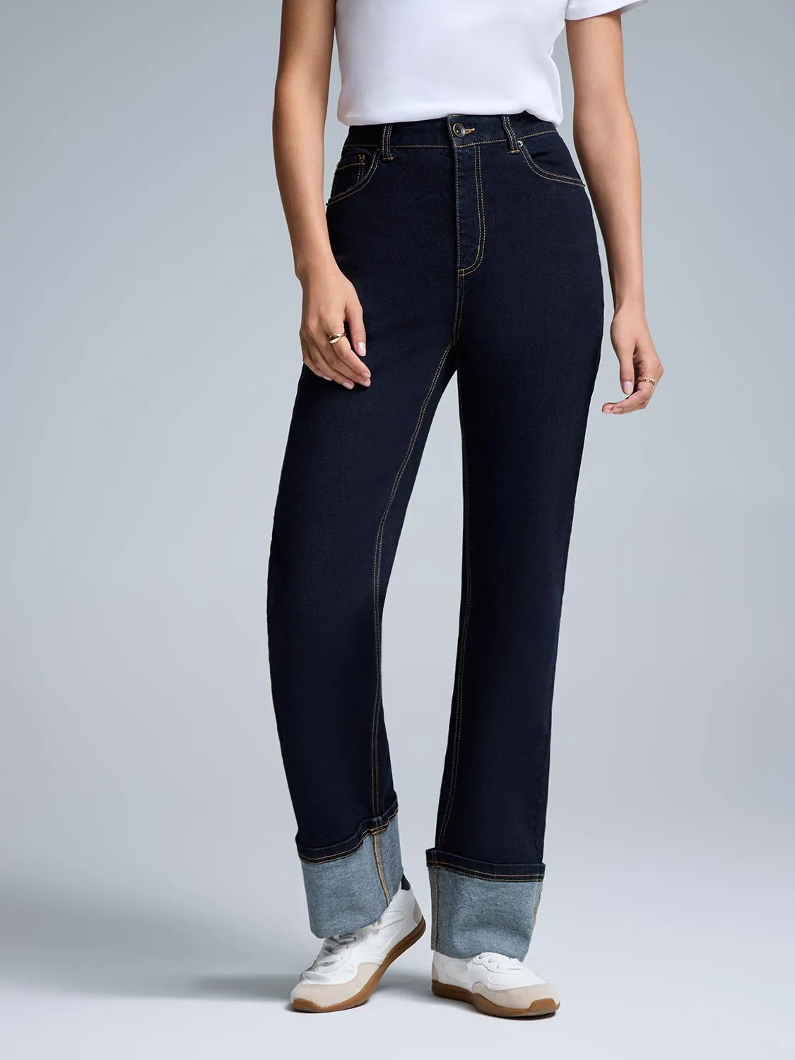 Wide Cuff Straight-Leg Jeans breathable light
