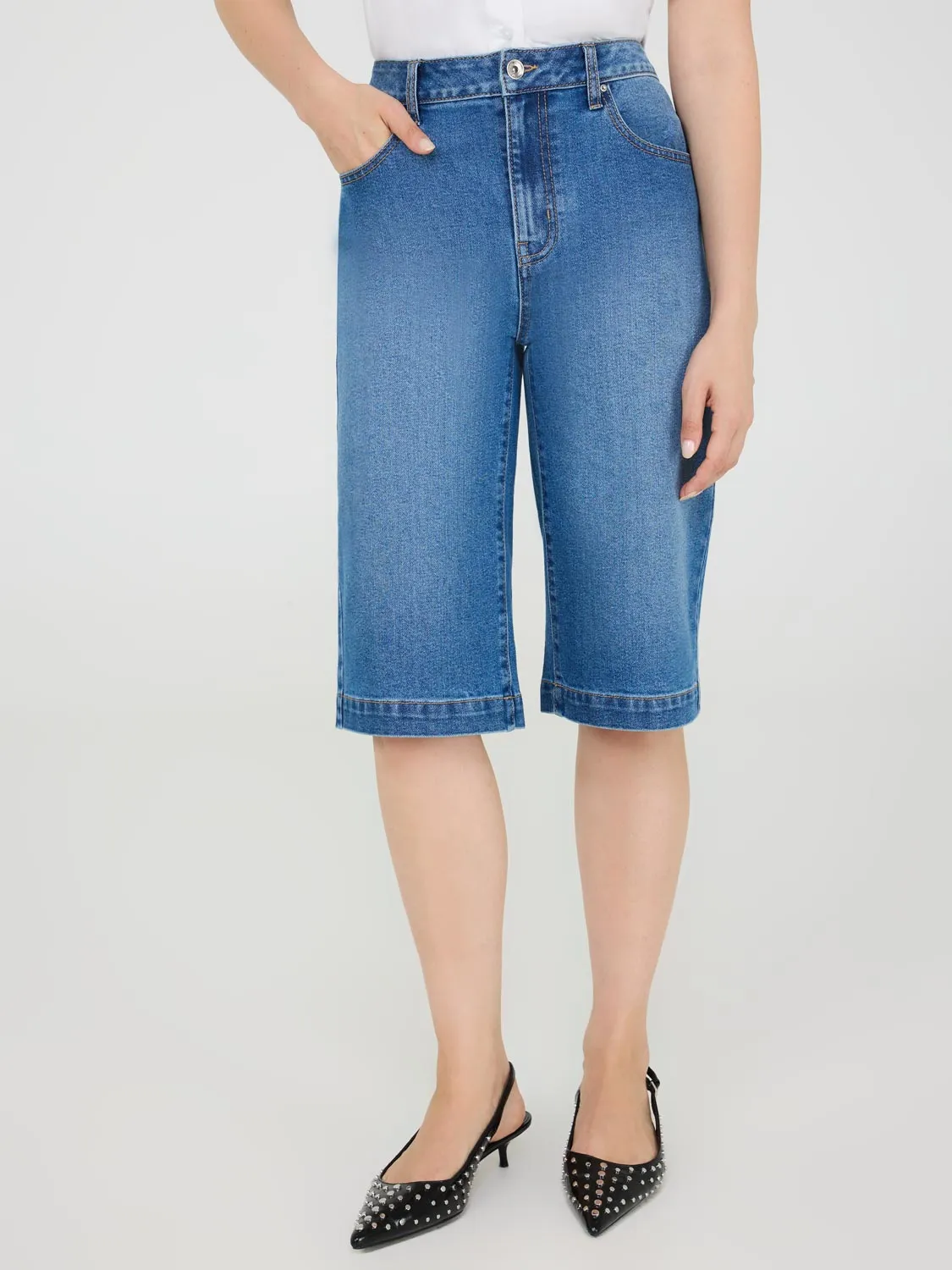 Wide-Leg Denim Bermuda Shorts multi choice