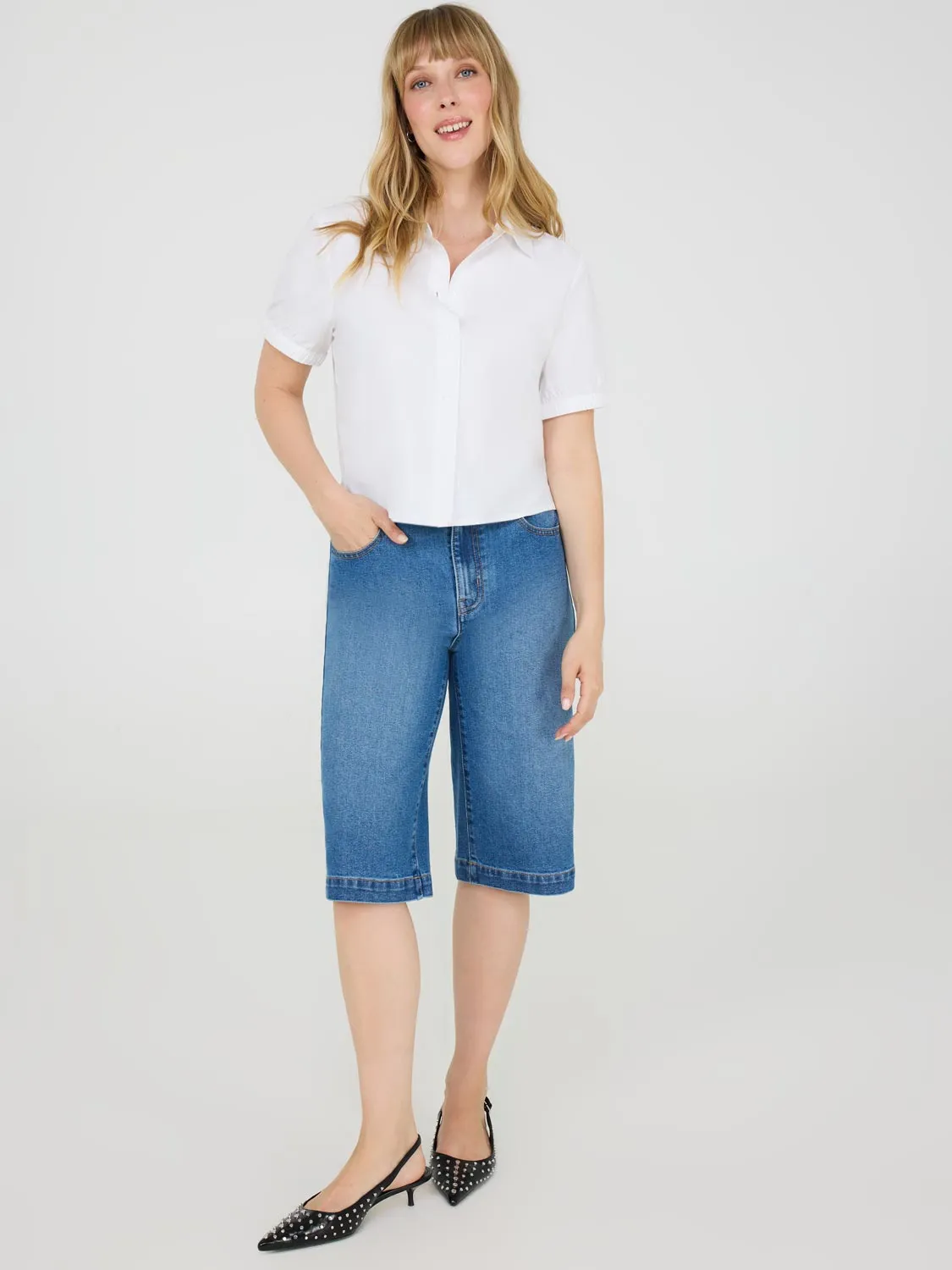 Wide-Leg Denim Bermuda Shorts durable wear