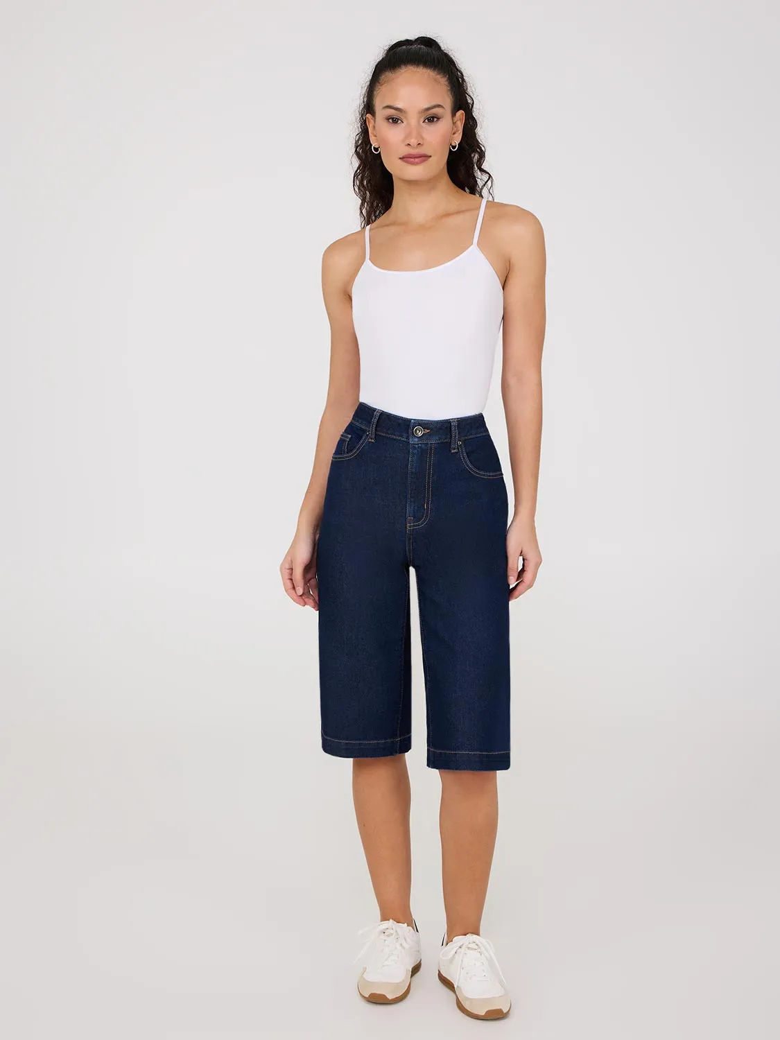 Wide-Leg Denim Bermuda Shorts versatile style