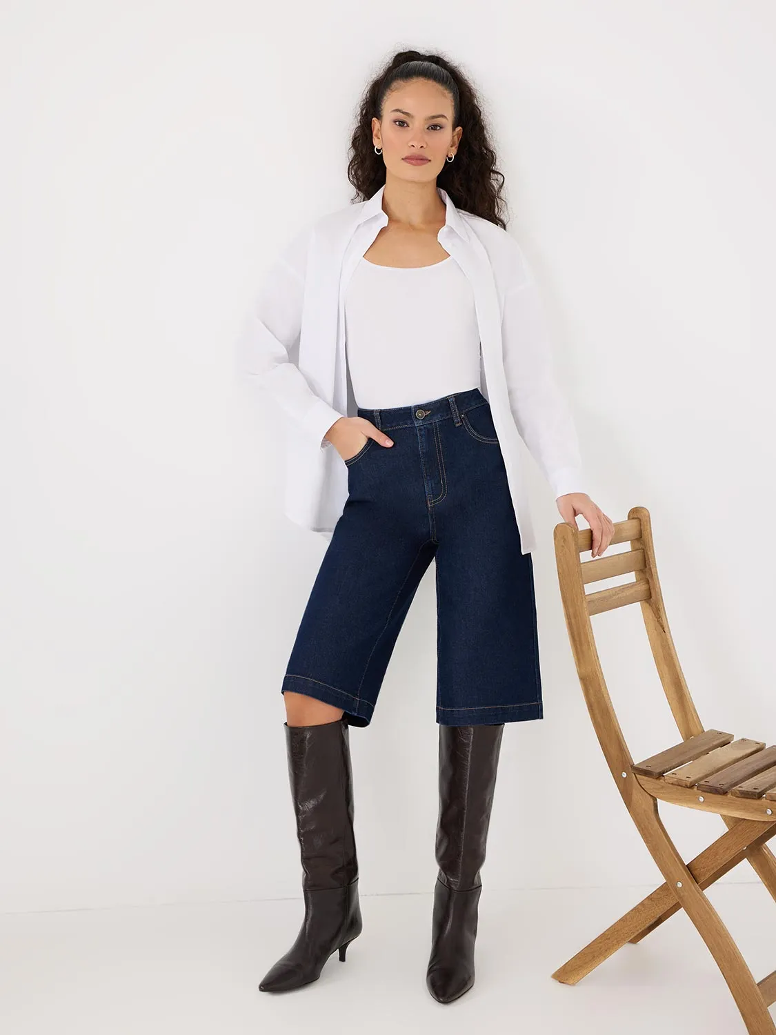 Wide-Leg Denim Bermuda Shorts simple design